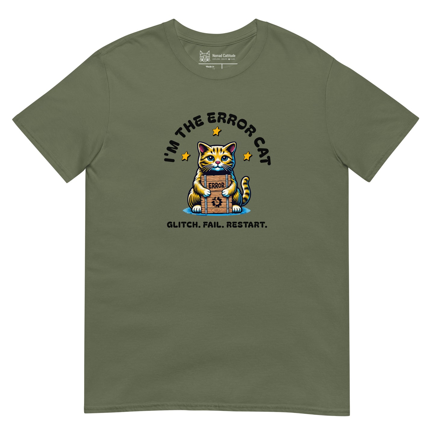 Cat themed graphic tee with error message print