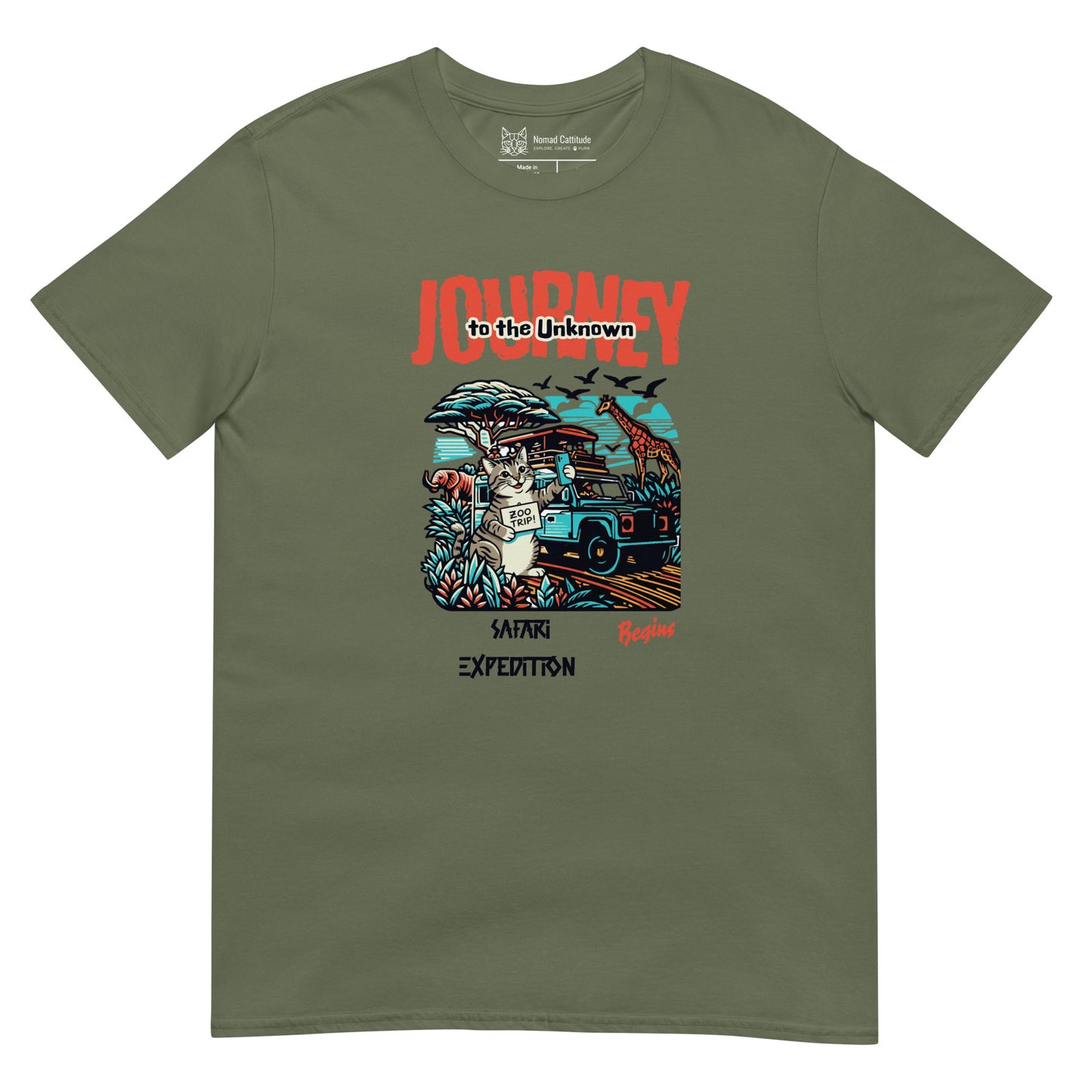 Cat themed graphic tee with vacation print