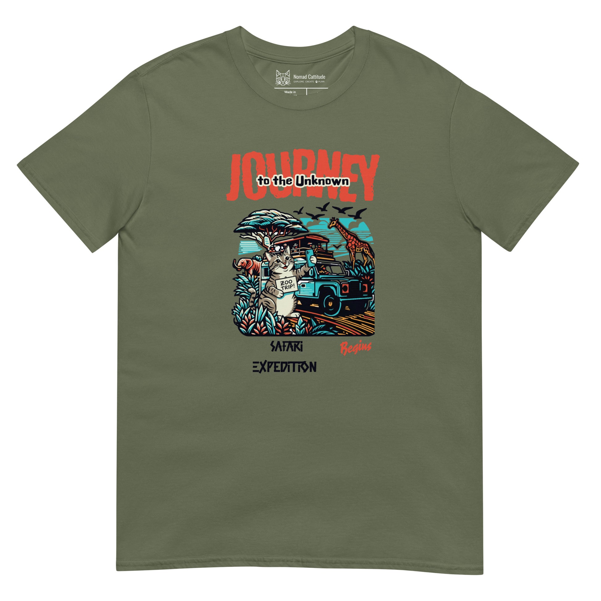 Cat themed graphic tee with vacation print