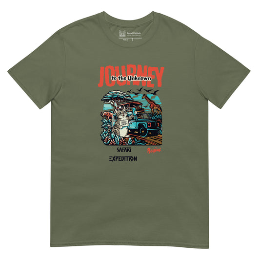 Cat themed graphic tee with vacation print