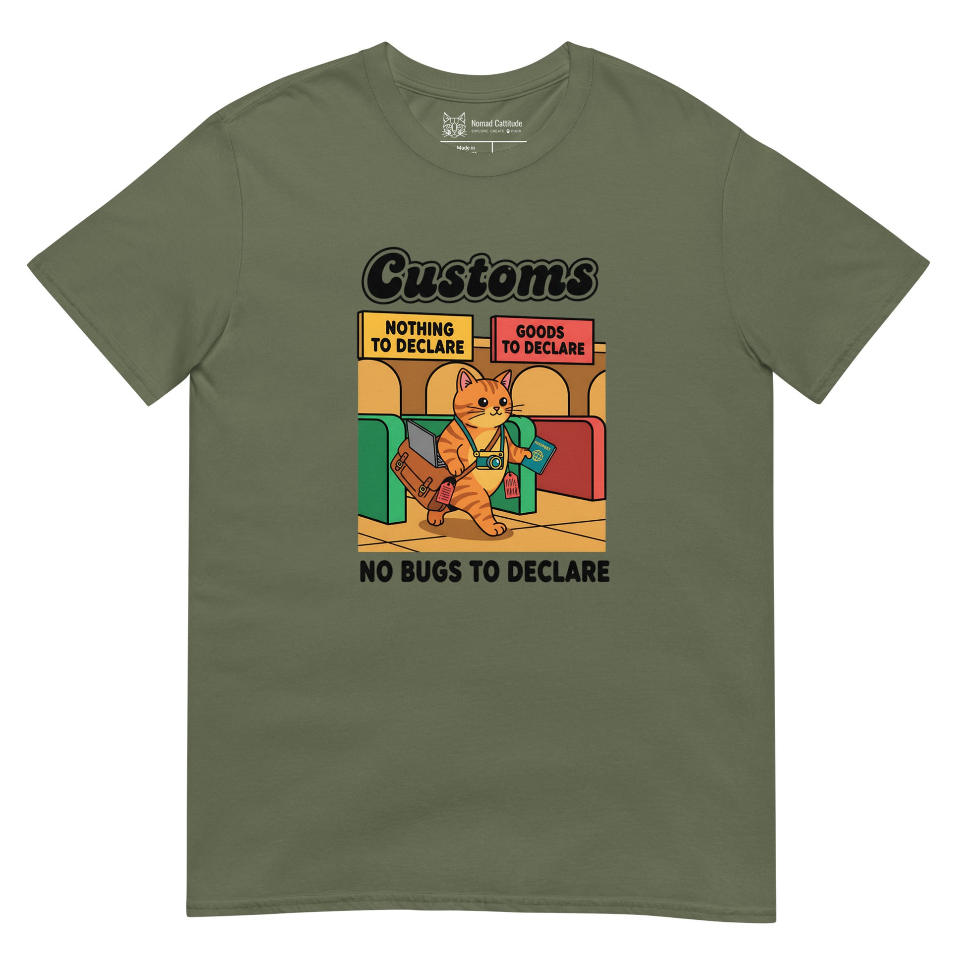 Cat themed graphic tee with vacation print