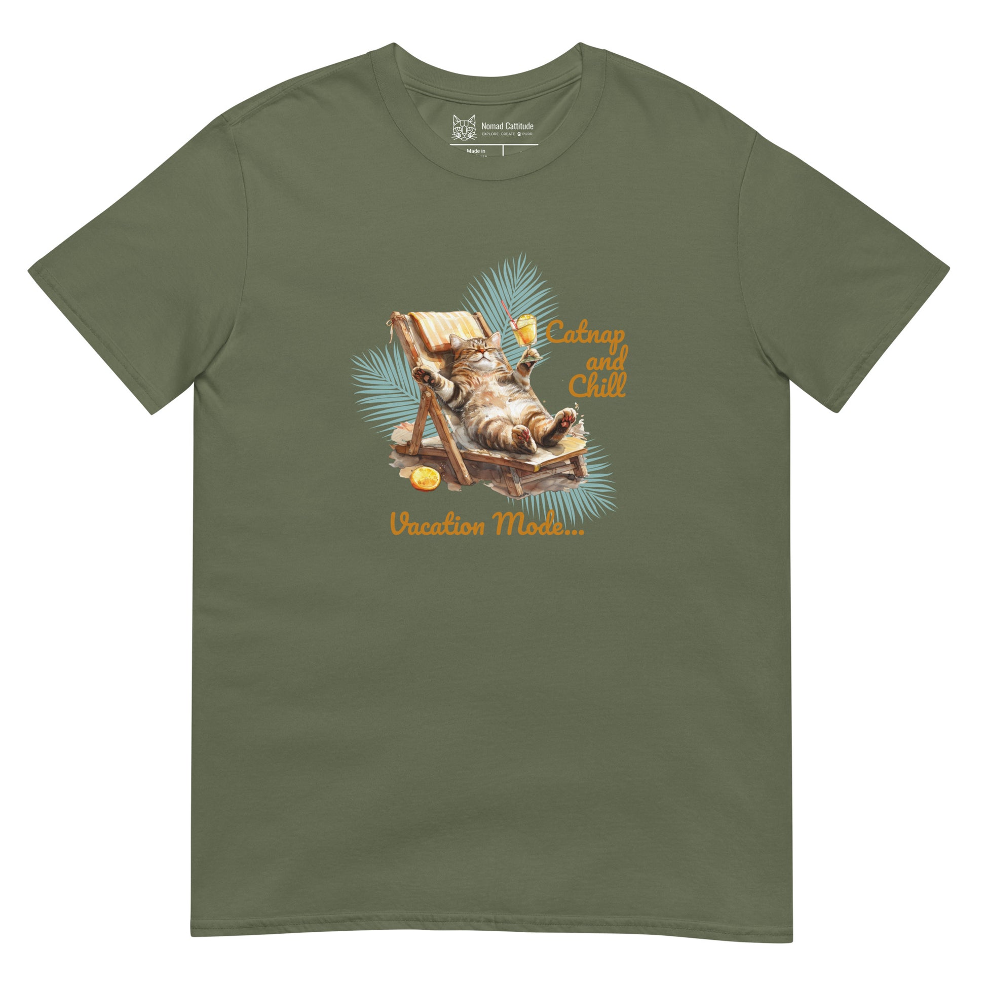 Cat themed graphic tee with vacation print