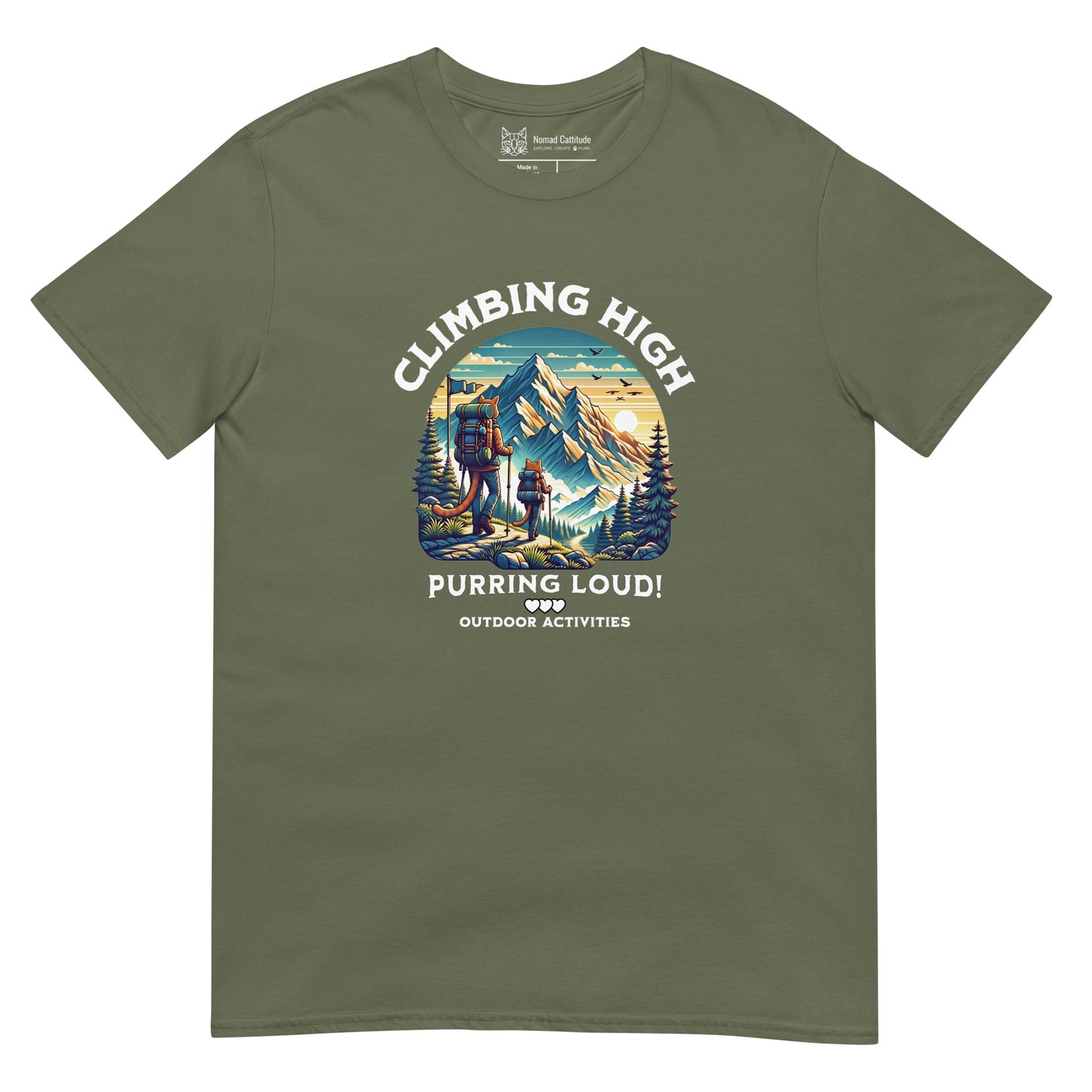 Cat themed graphic tee with vacation print