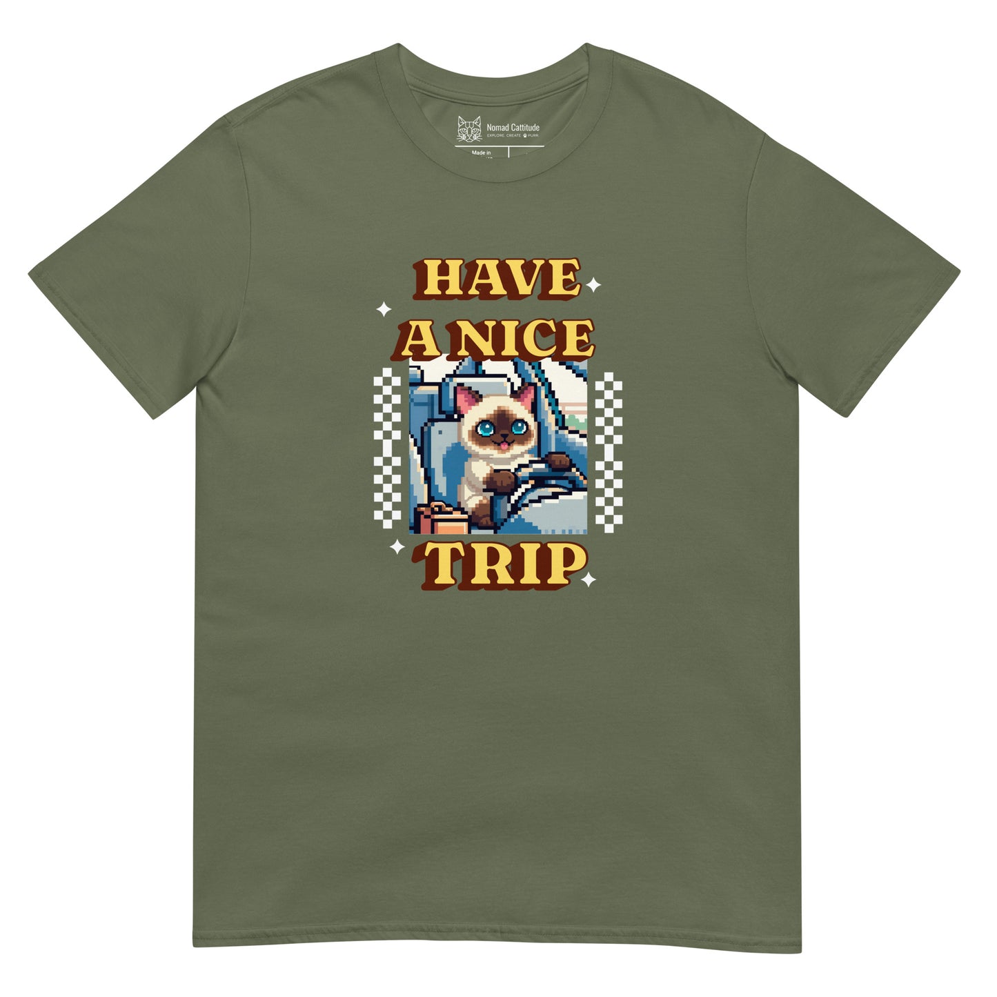 Cat themed graphic tee with vacation print