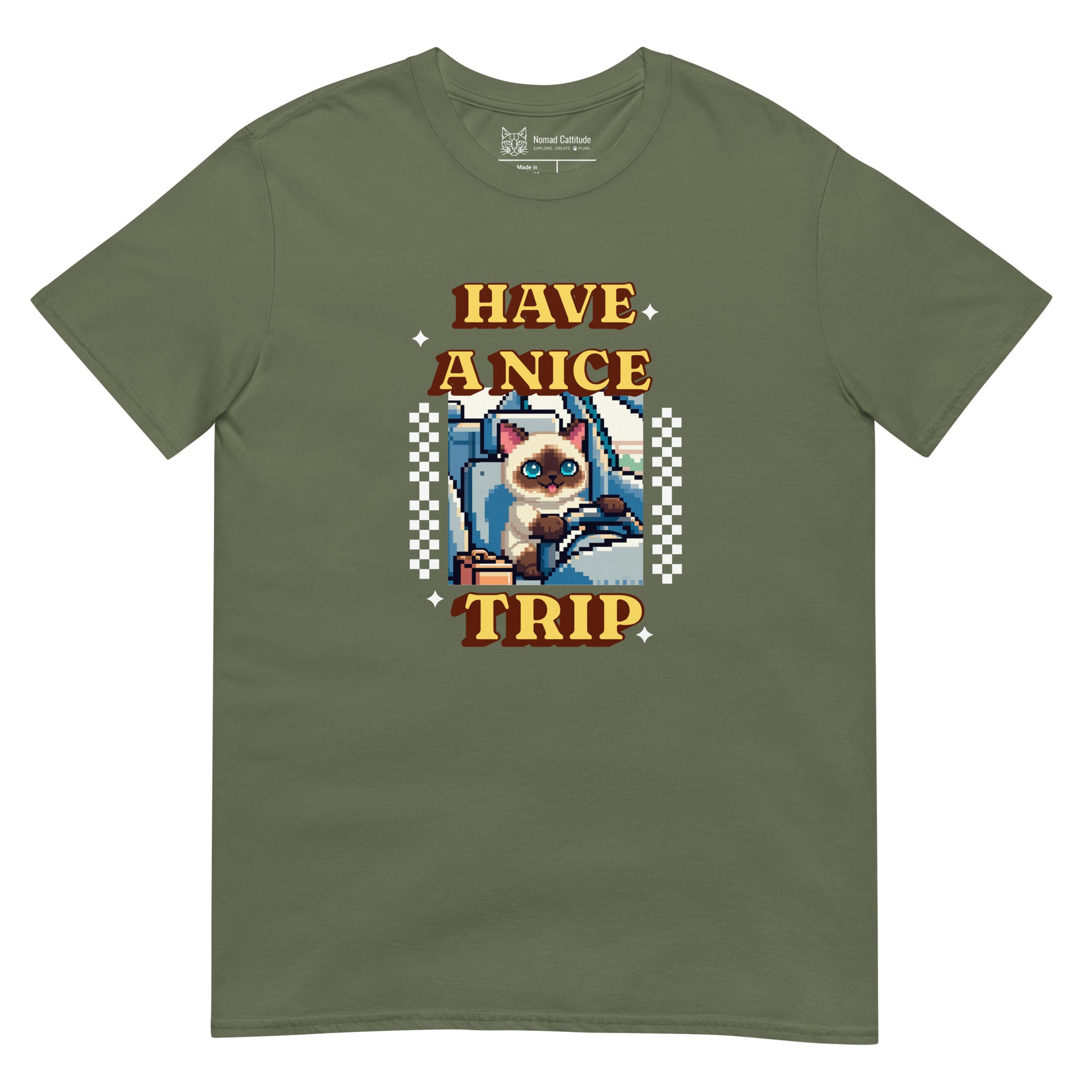 Cat themed graphic tee with vacation print