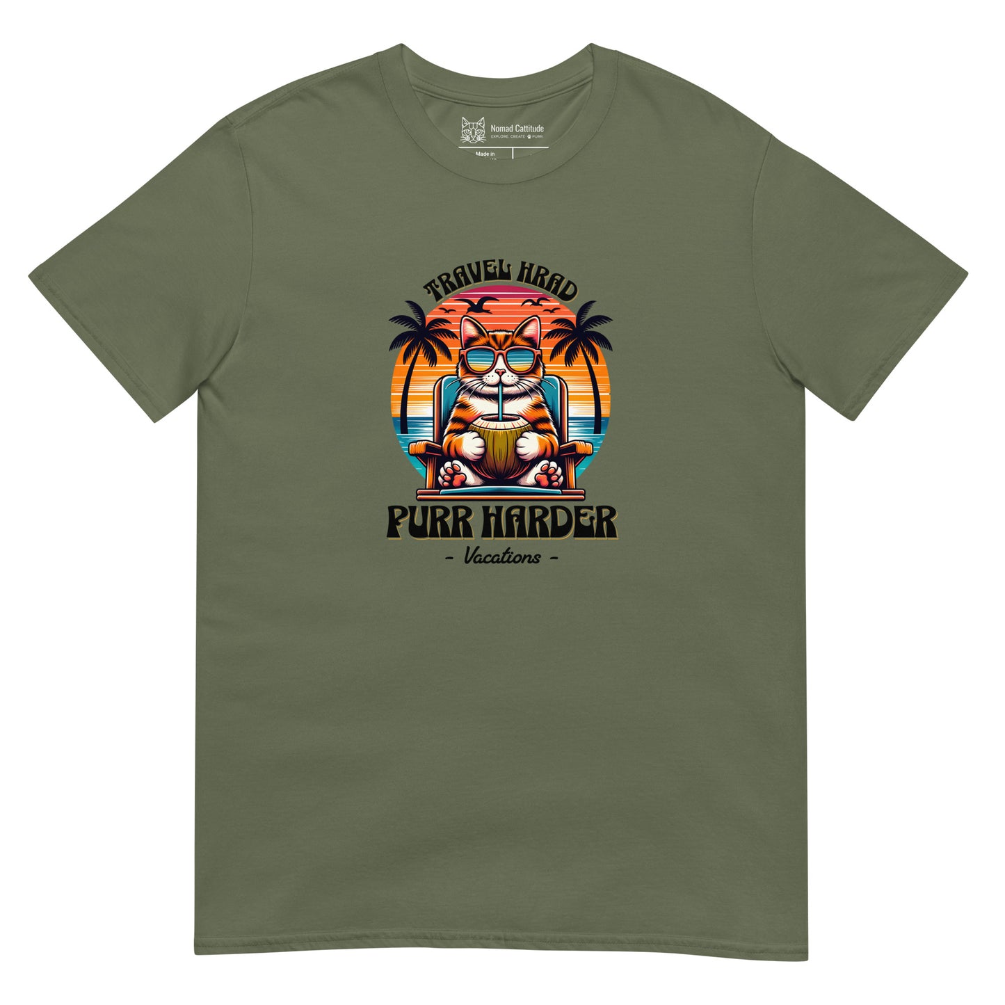 Cat themed graphic tee with vacation print