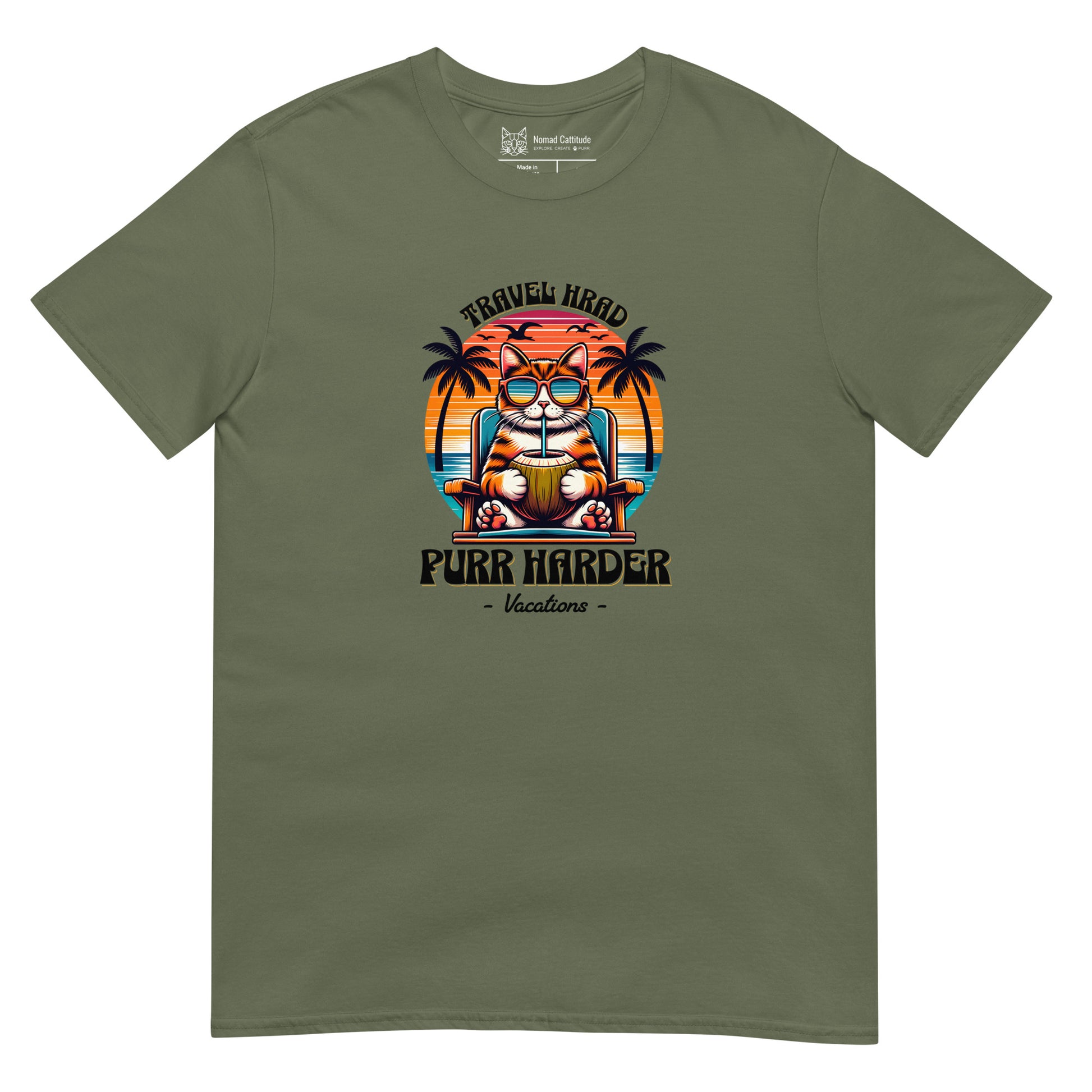 Cat themed graphic tee with vacation print