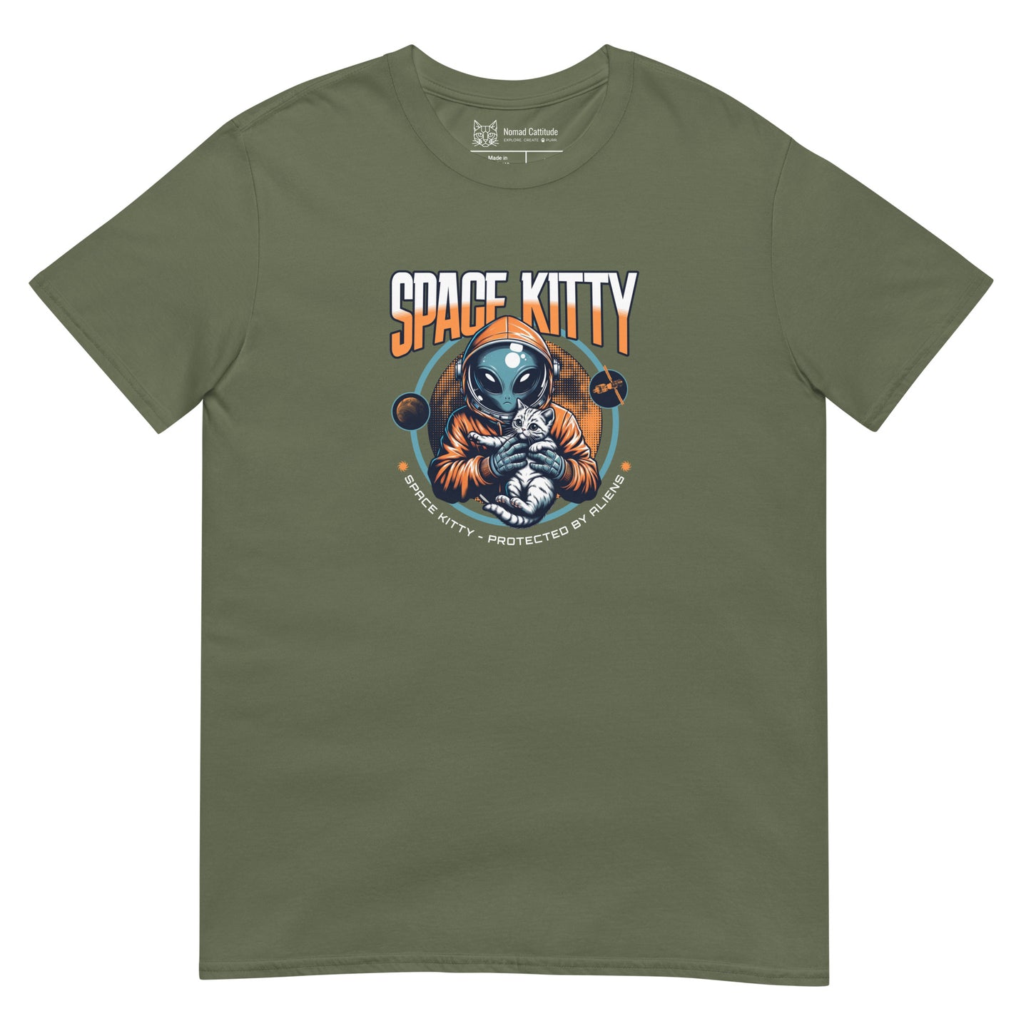 Cat themed graphic tee with space print
