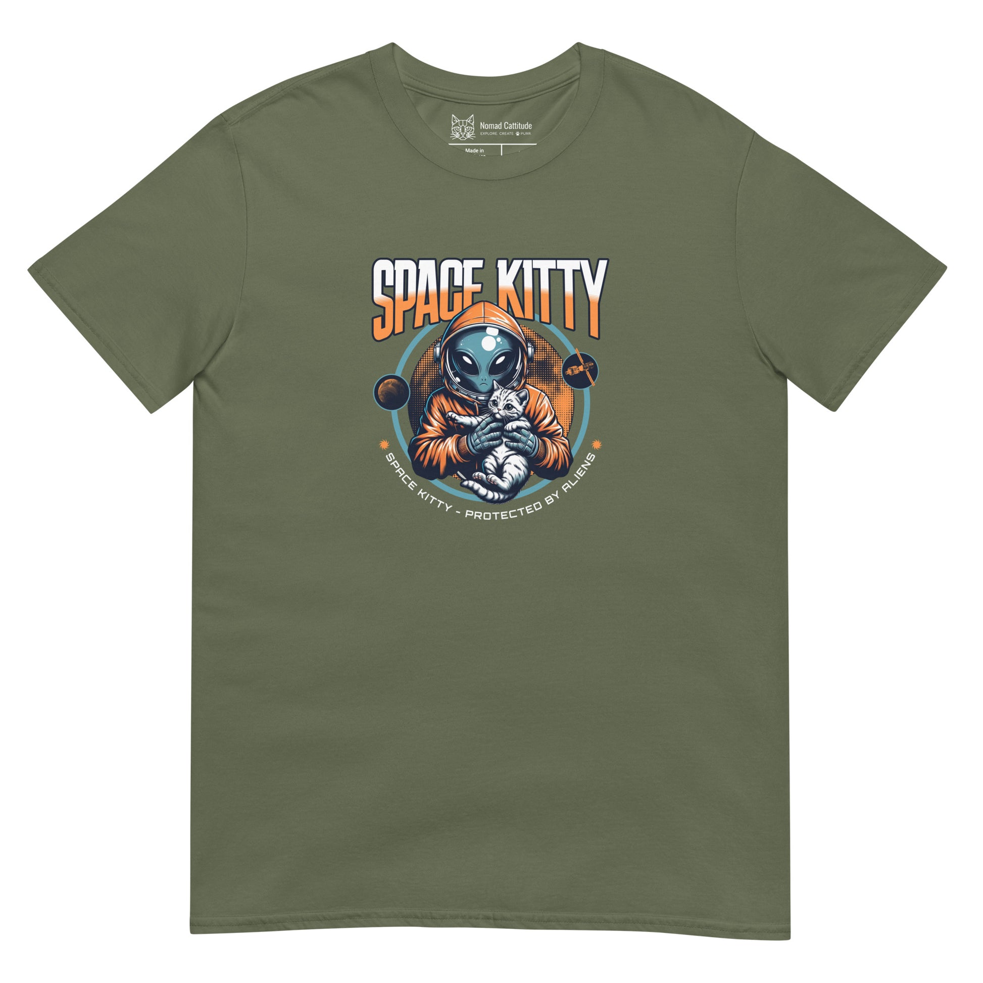 Cat themed graphic tee with space print