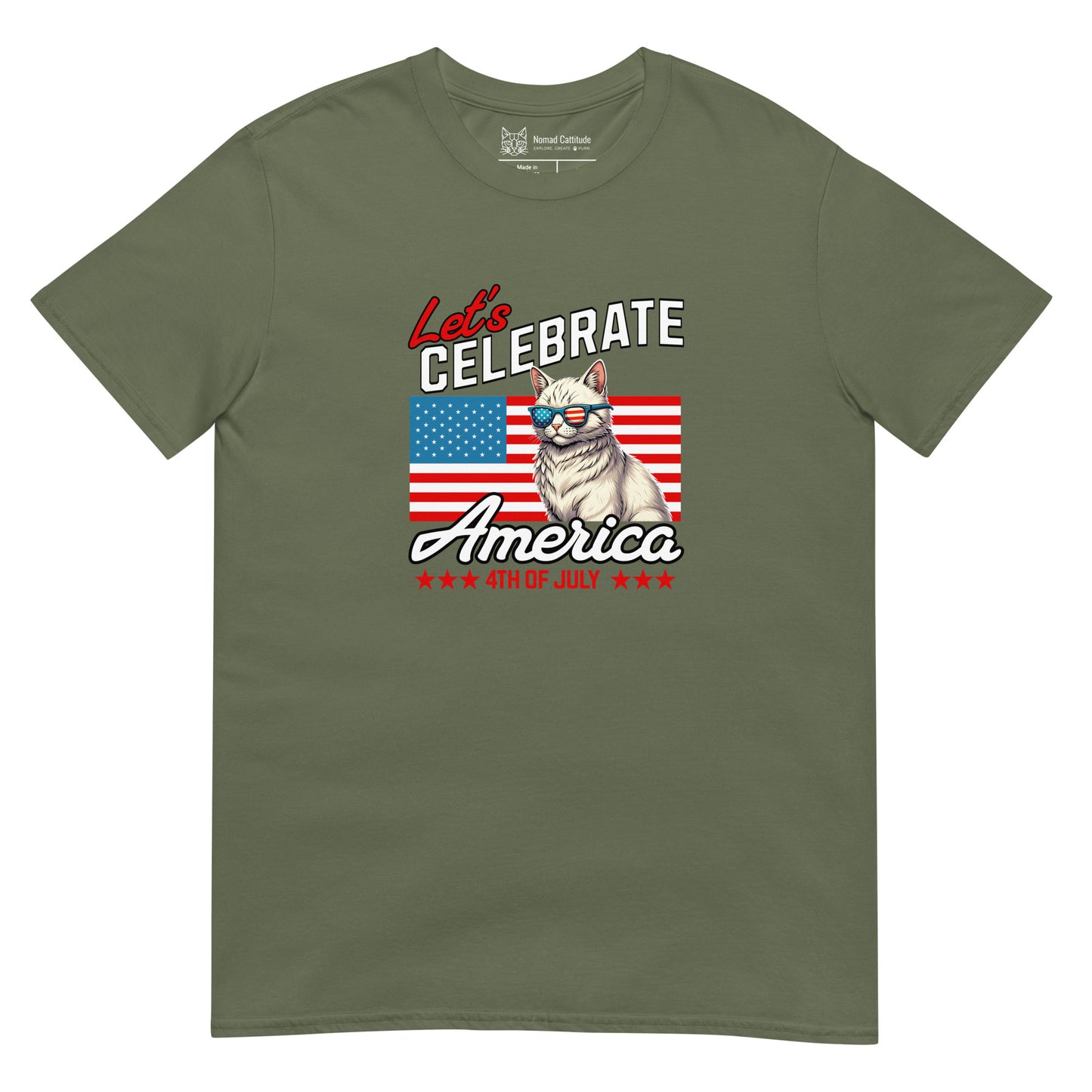 Cat themed graphic tee with USA 250th anniversary Independence Day print