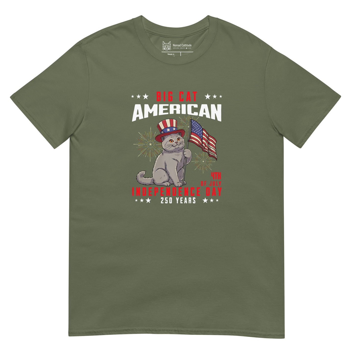 Cat themed graphic tee with USA 250th anniversary Independence Day print