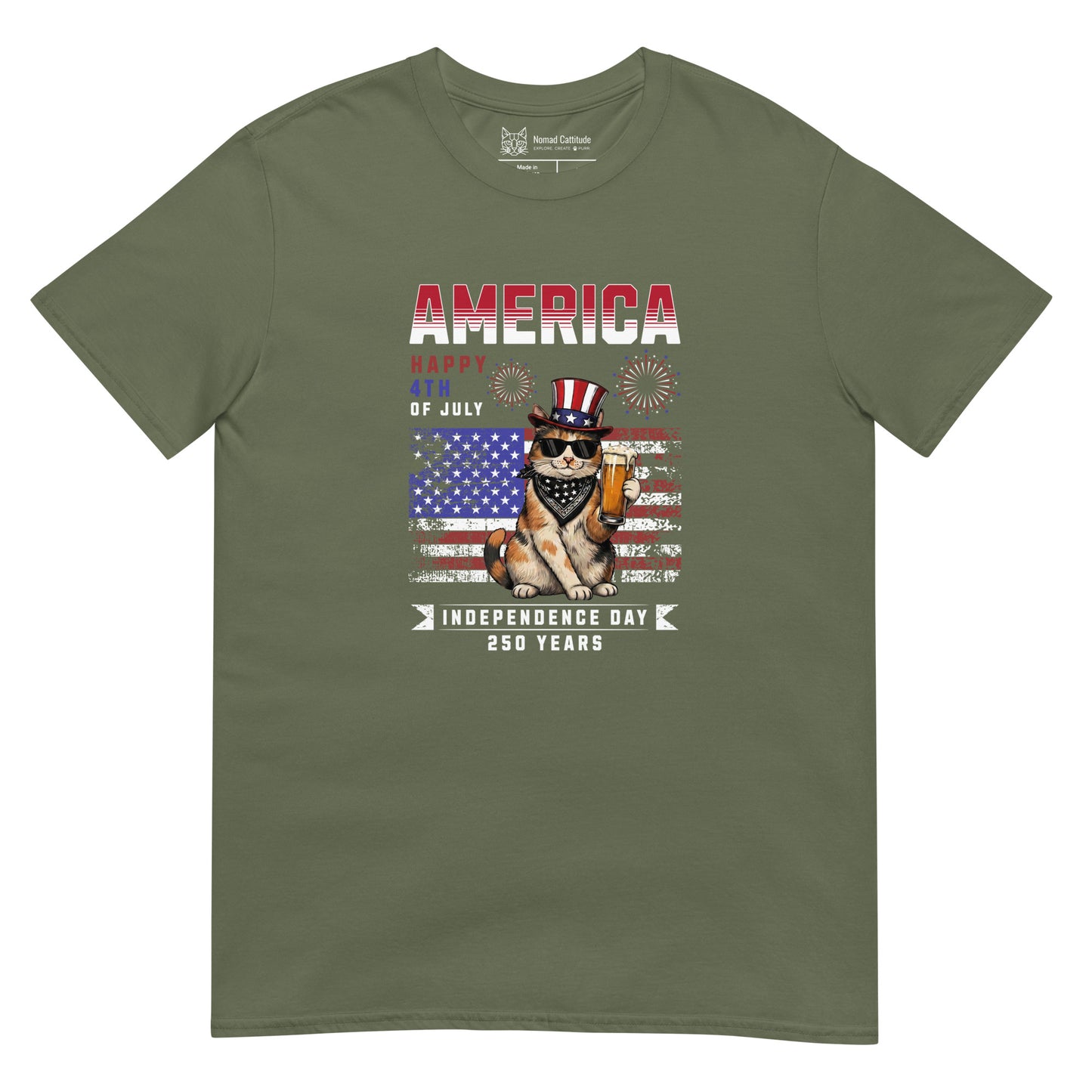 Cat themed graphic tee with USA 250th anniversary Independence Day print