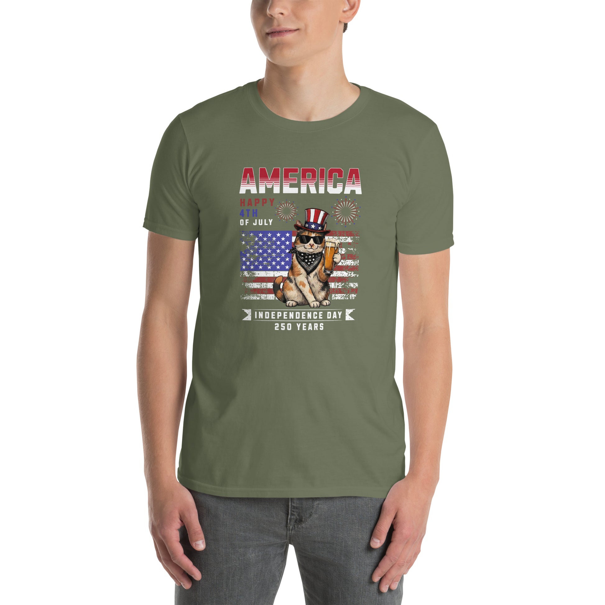 Cat themed graphic tee with USA 250th anniversary Independence Day print
