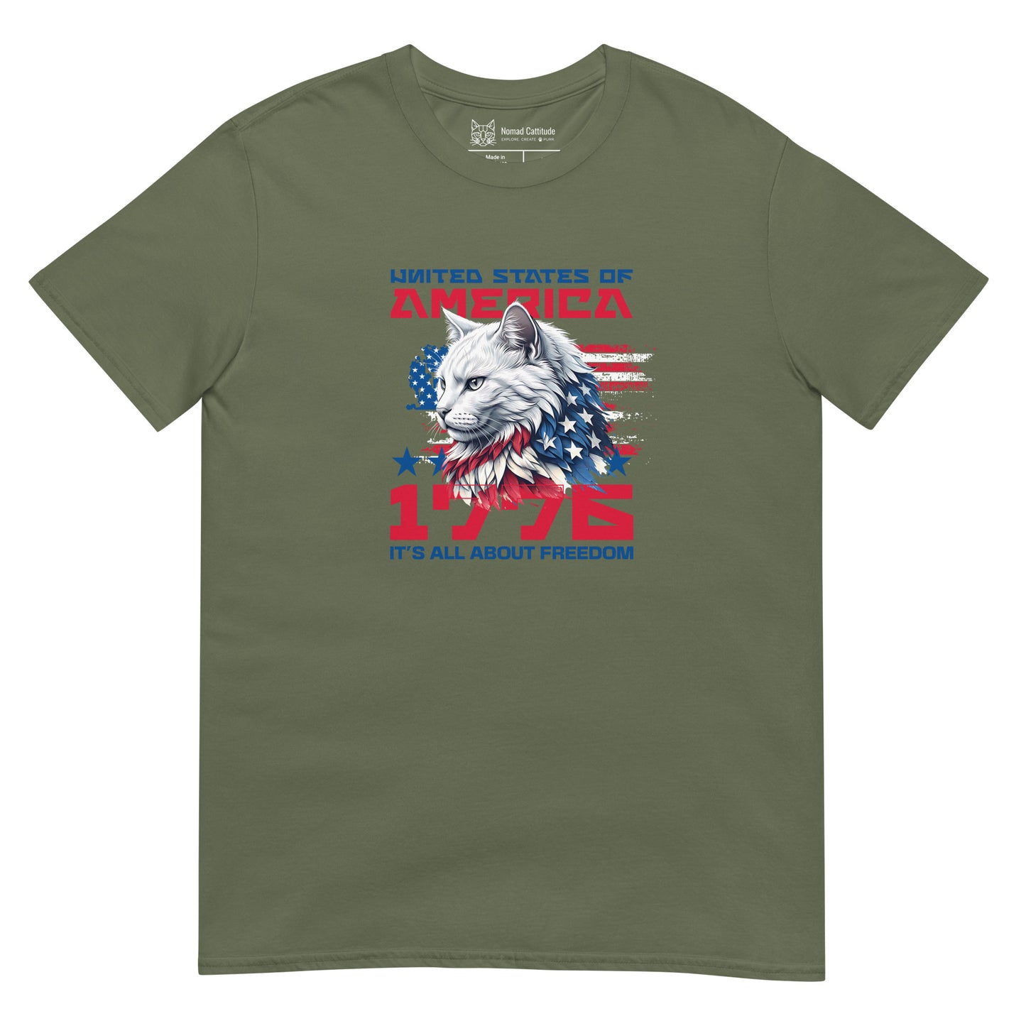 Cat themed graphic tee with 1776 USA eagle patriotic print