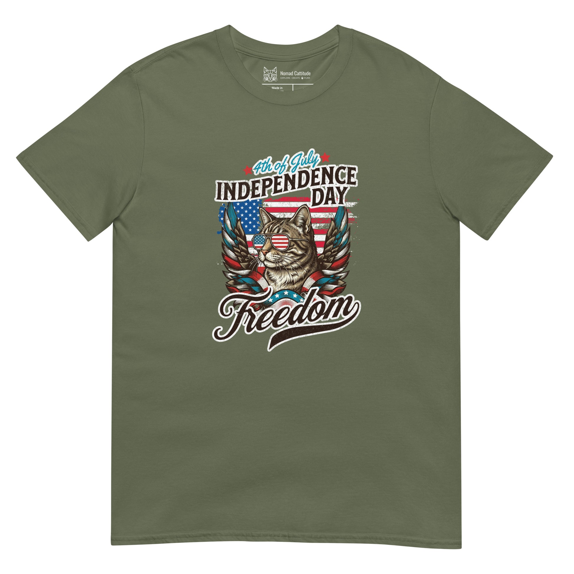Cat themed graphic tee with July 4th freedom print
