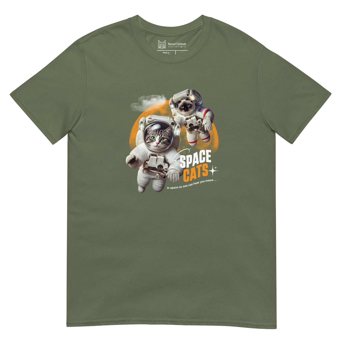 Cat themed graphic tee with space print