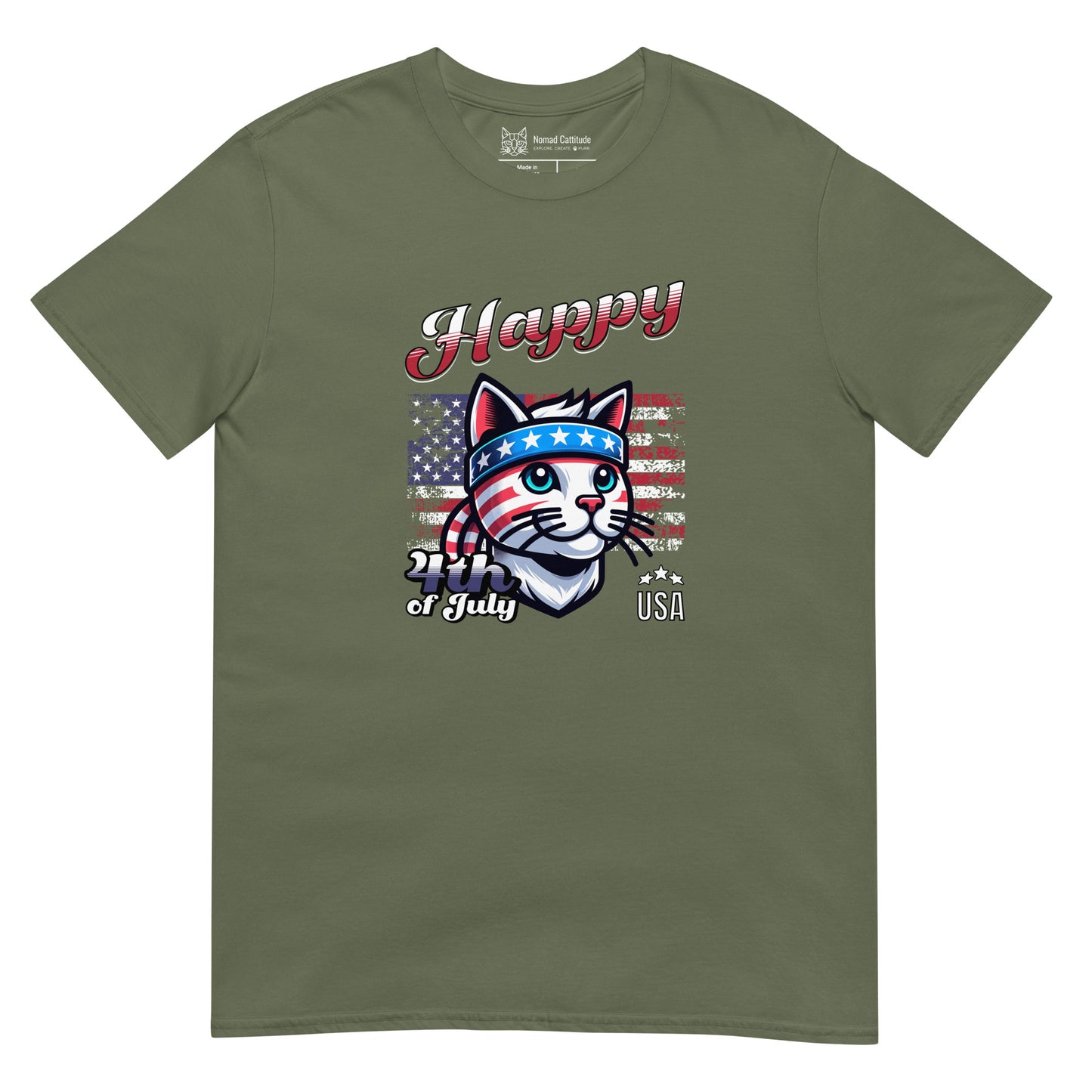 Cat themed graphic tee with USA anniversary Independence Day print
