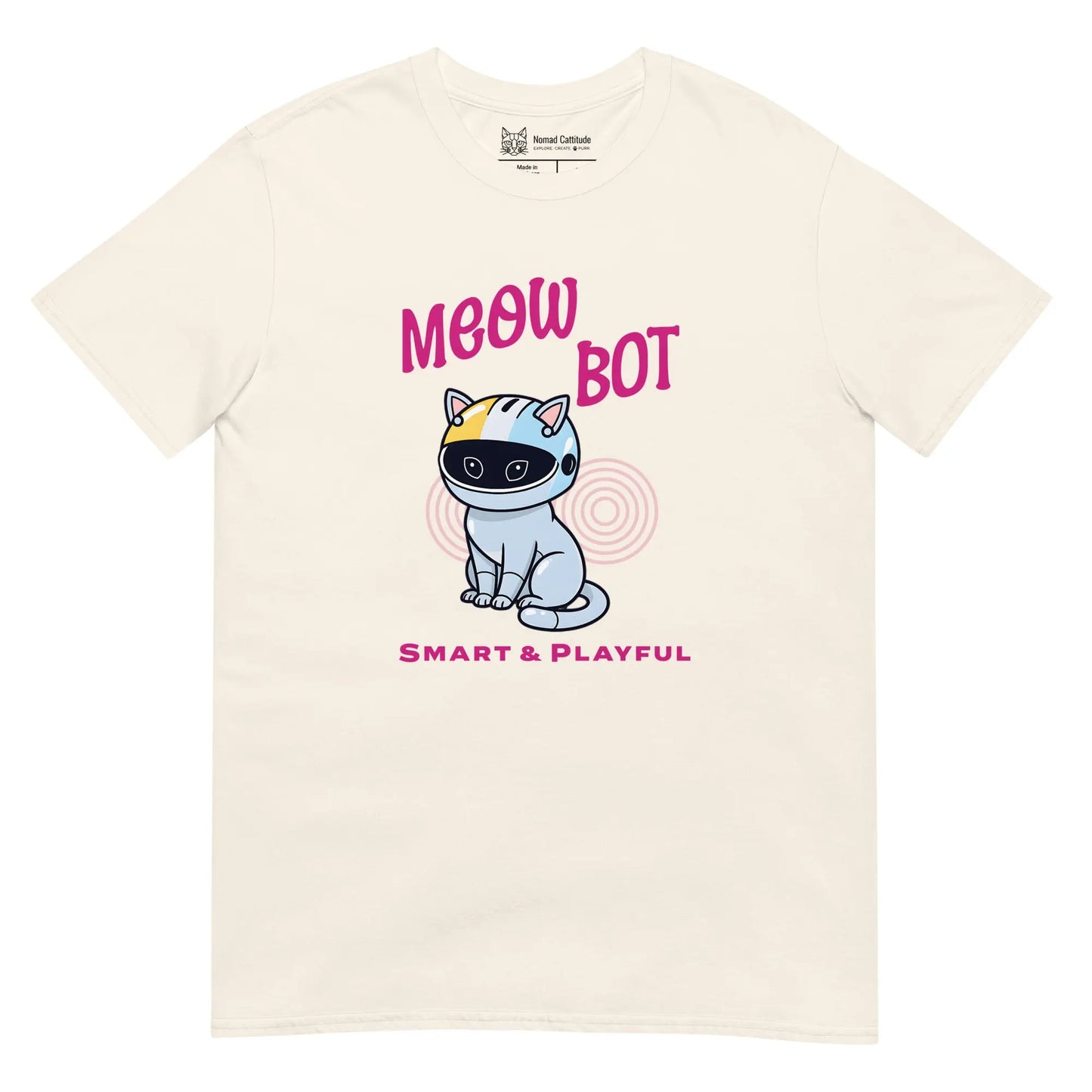 Cat themed graphic tee with meow bot print