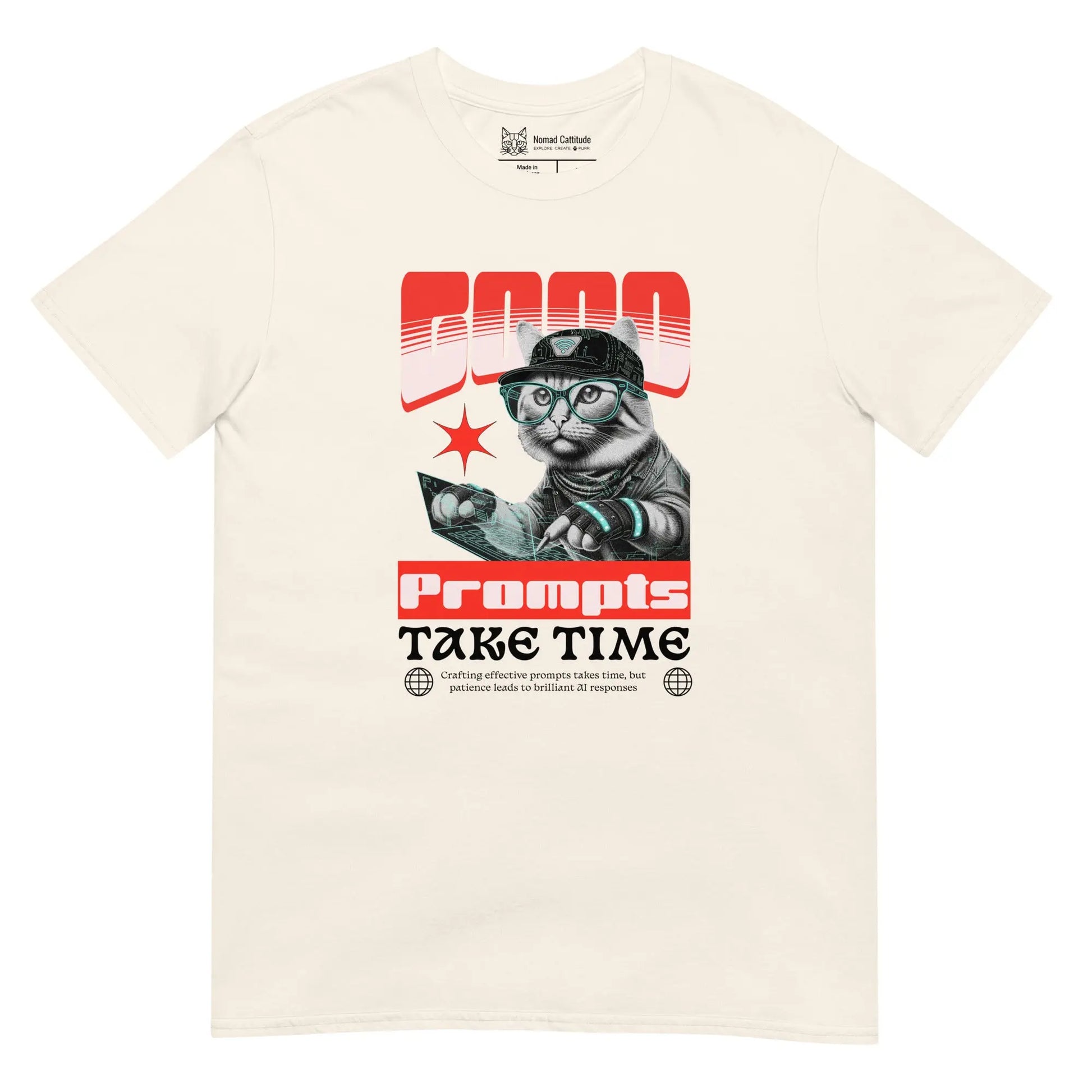 Cat themed graphic tee with AI prompts print