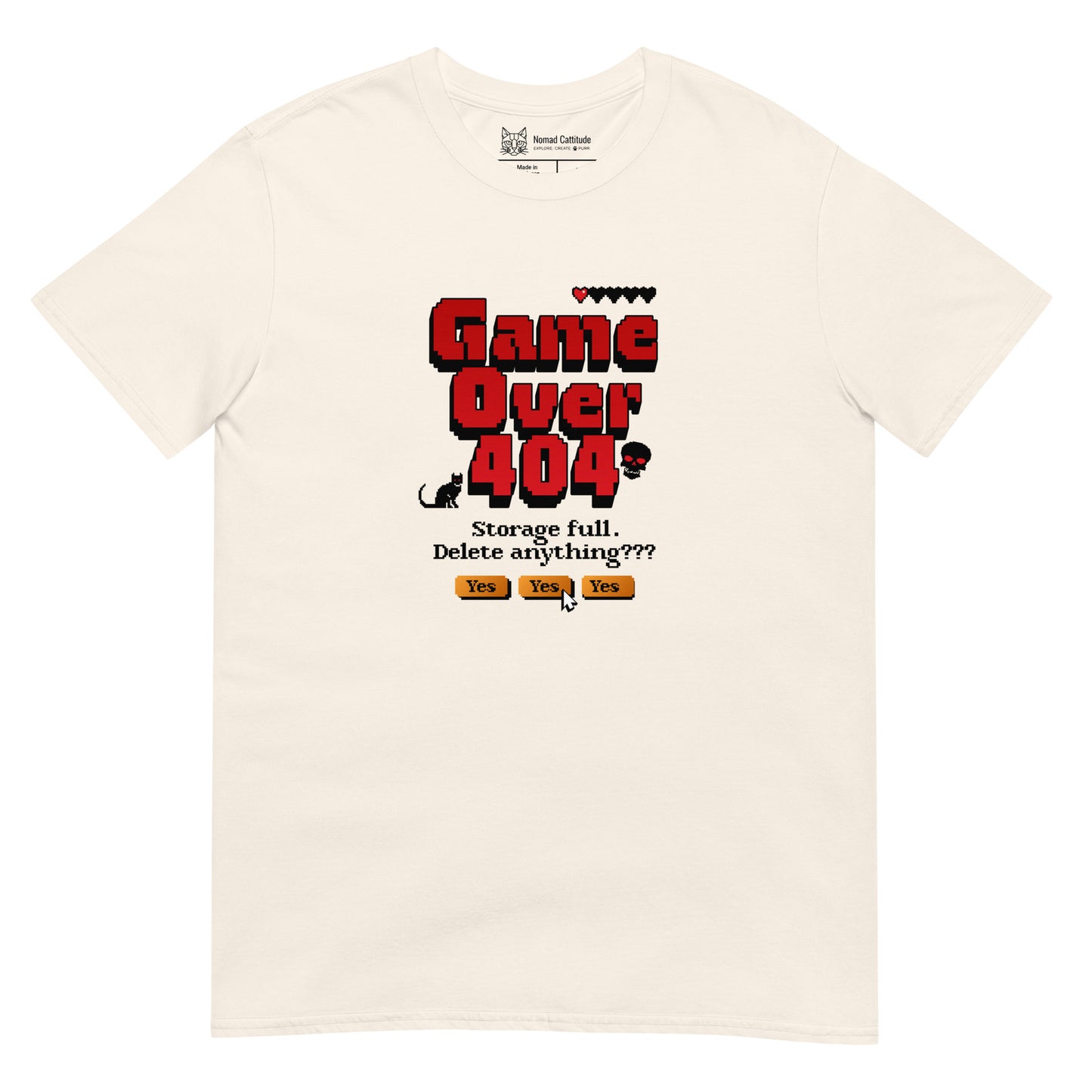 Cat themed graphic tee with error message print