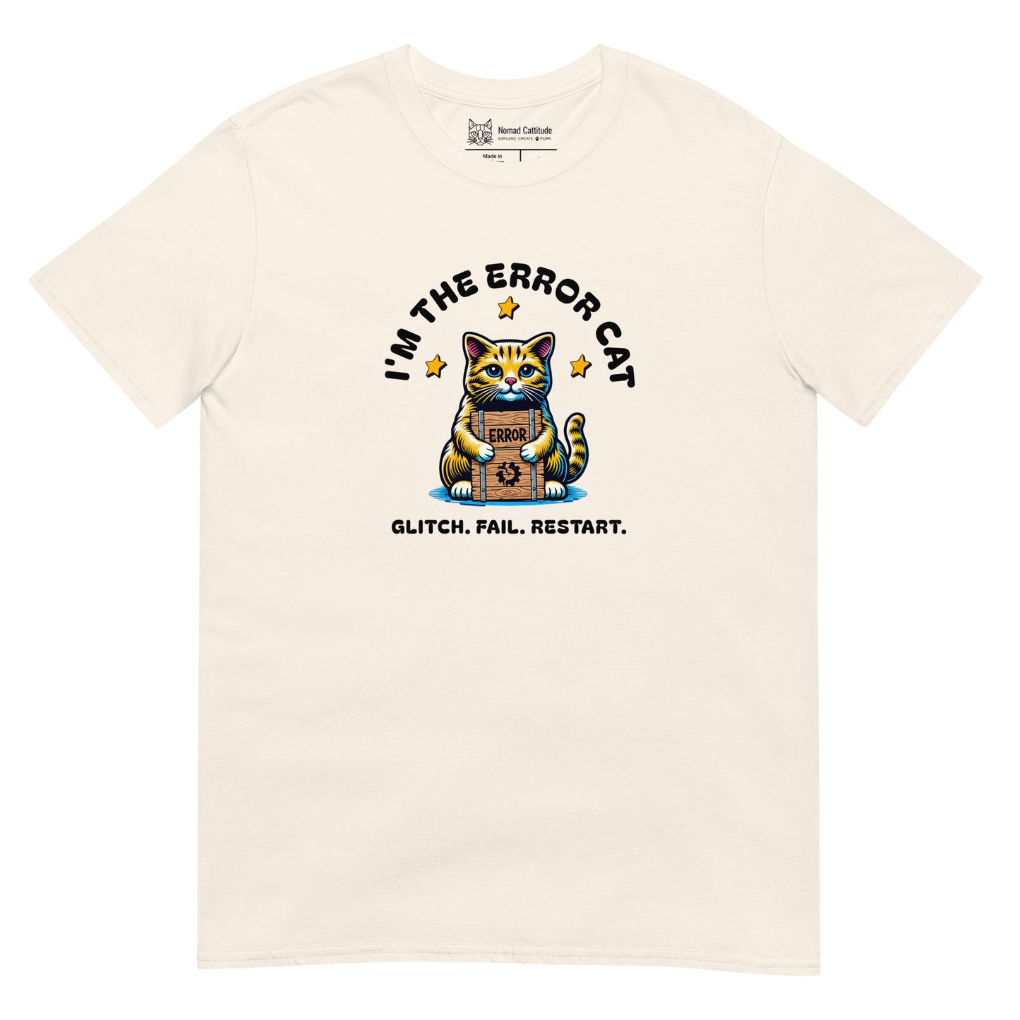 Cat themed graphic tee with error message print