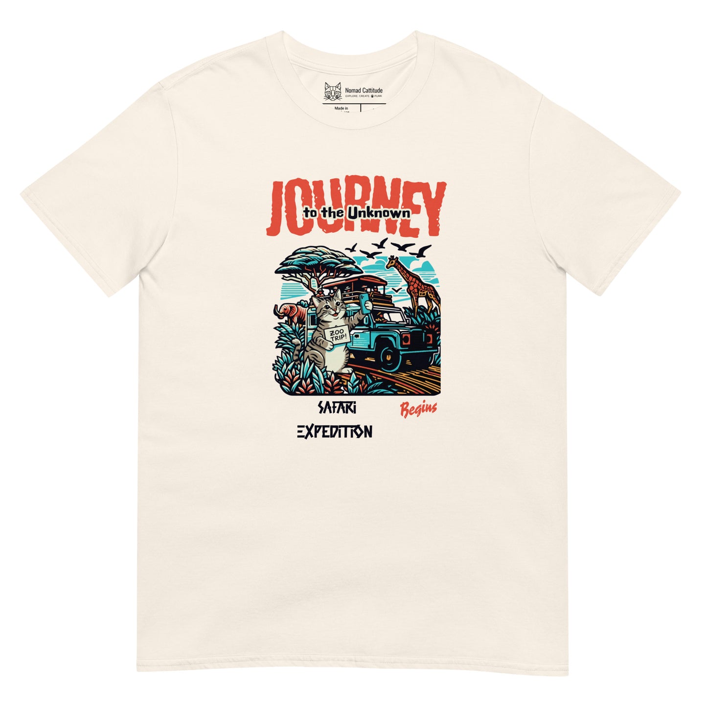 Cat themed graphic tee with vacation print