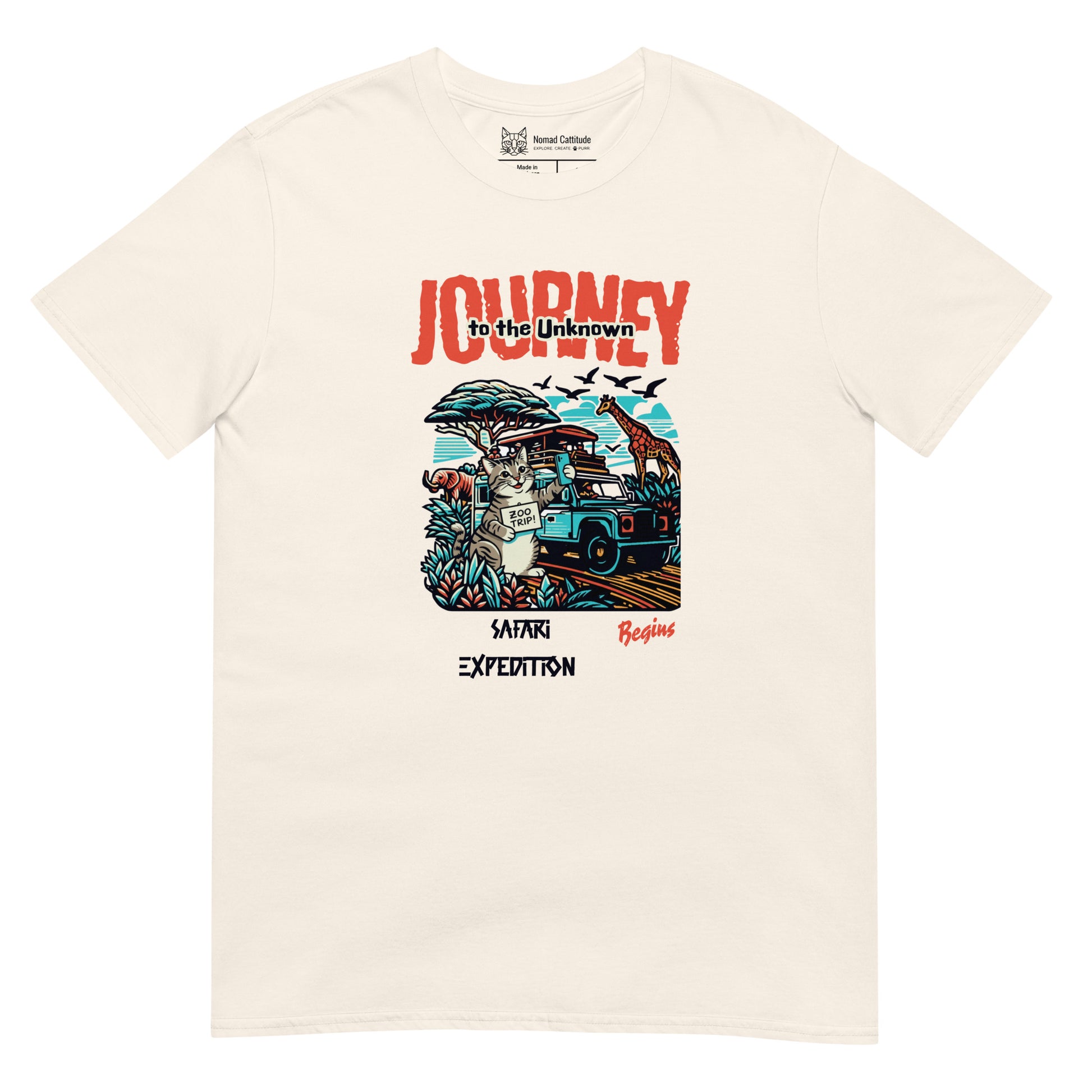Cat themed graphic tee with vacation print