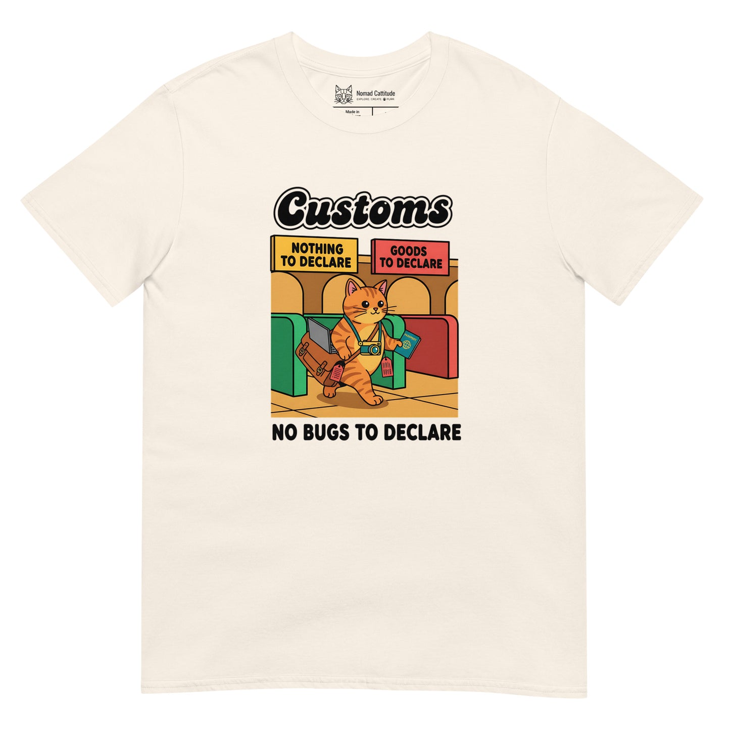 Cat themed graphic tee with vacation print