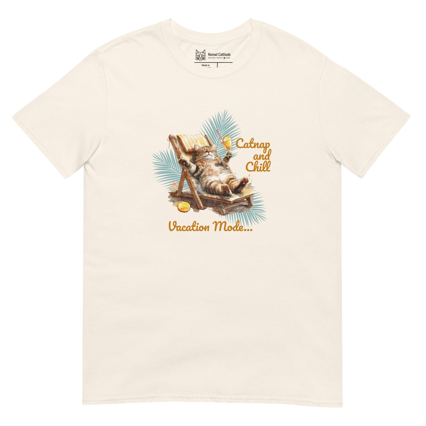 Cat themed graphic tee with vacation print