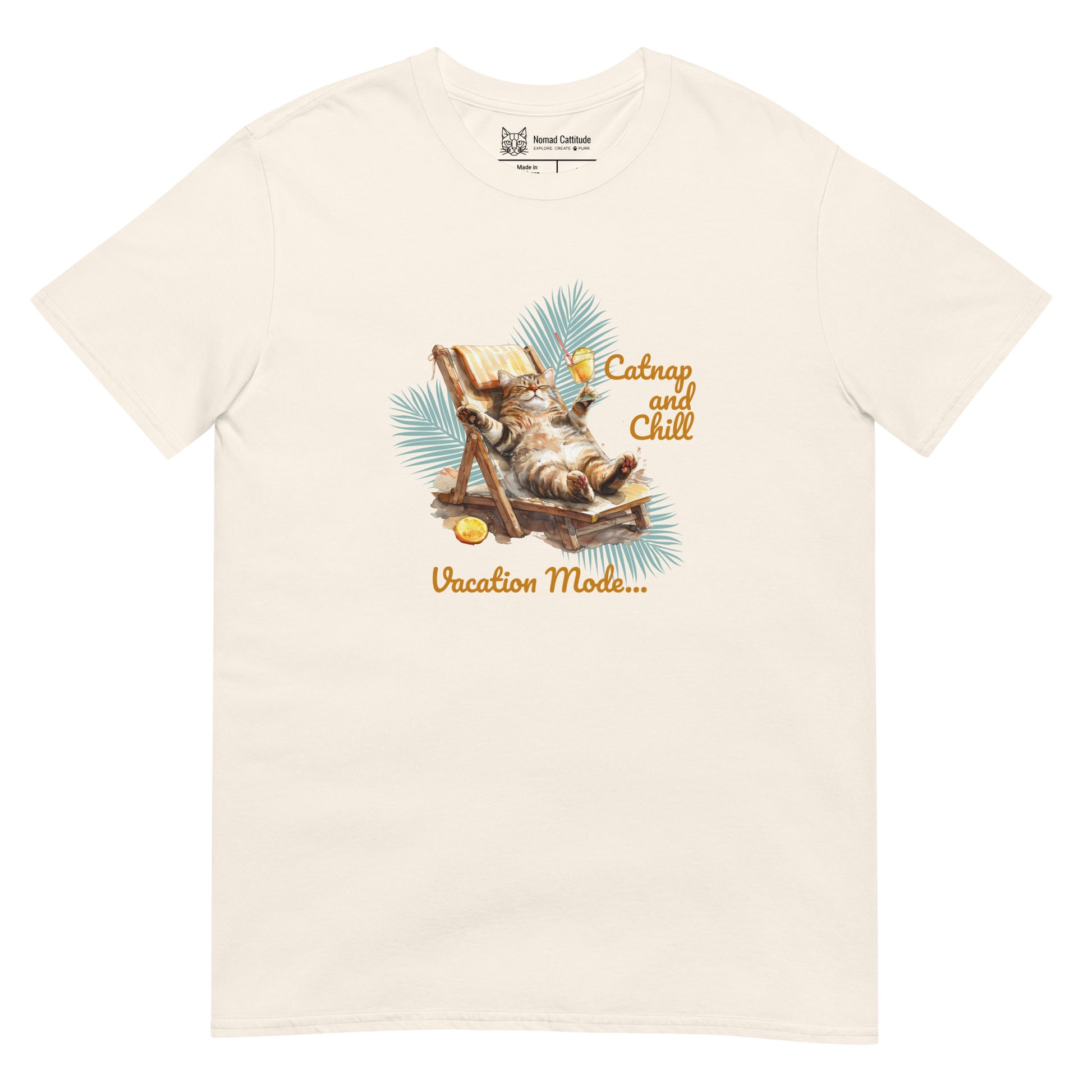 Cat themed graphic tee with vacation print