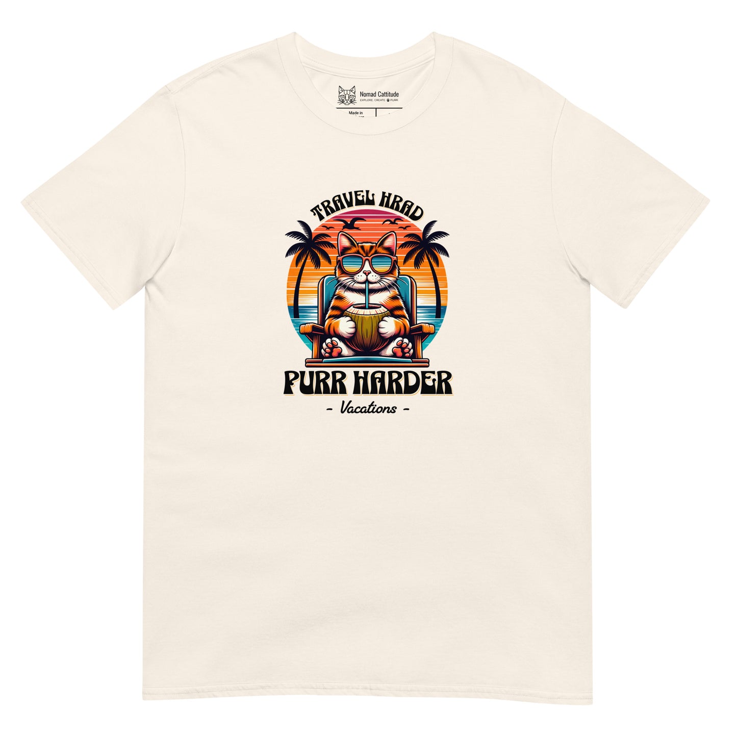 Cat themed graphic tee with vacation print