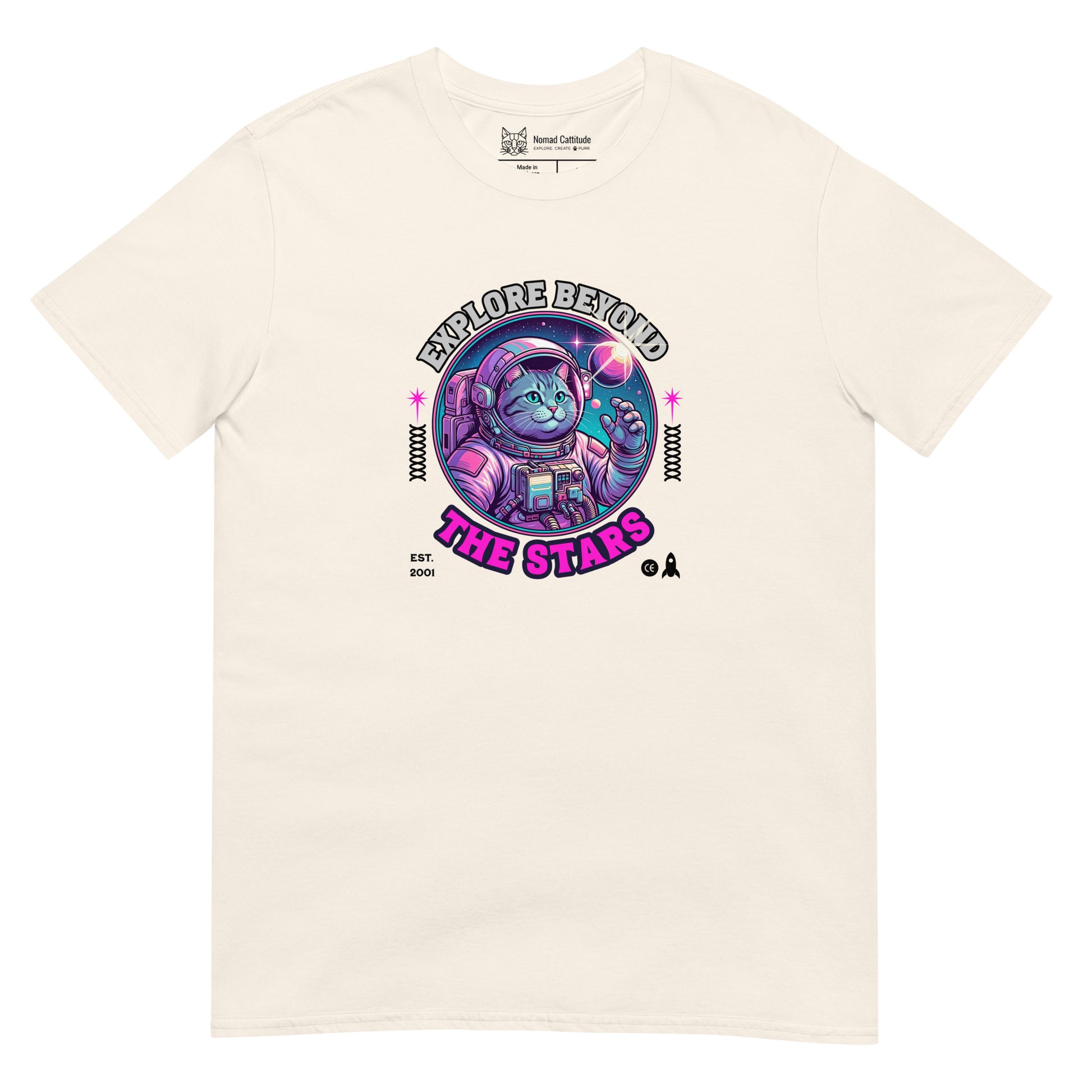 Cat themed graphic tee with space print