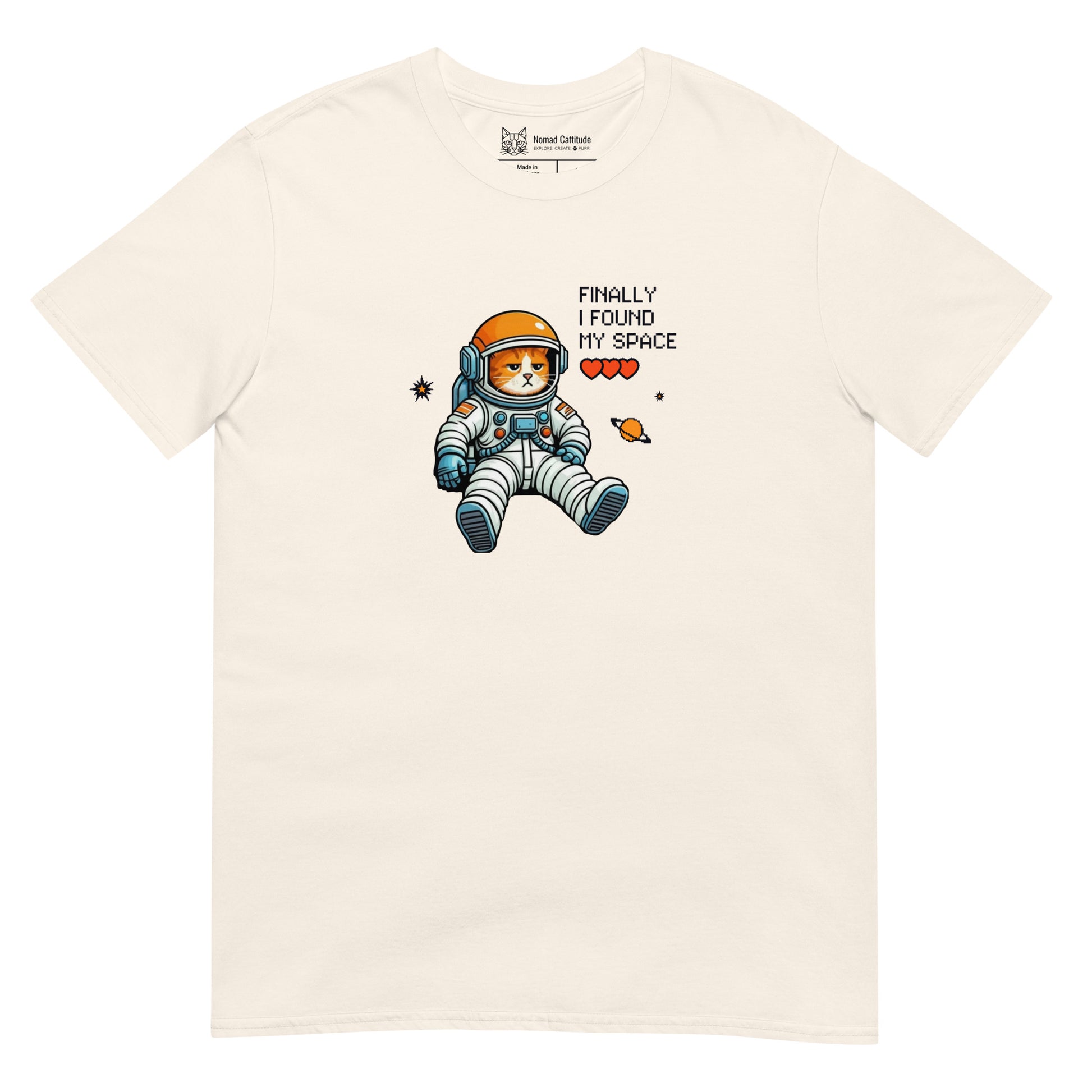 Cat themed graphic tee with space print