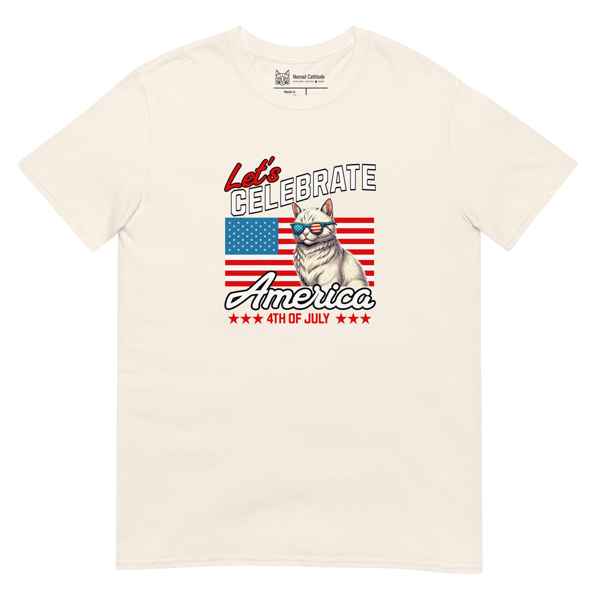 Cat themed graphic tee with USA 250th anniversary Independence Day print