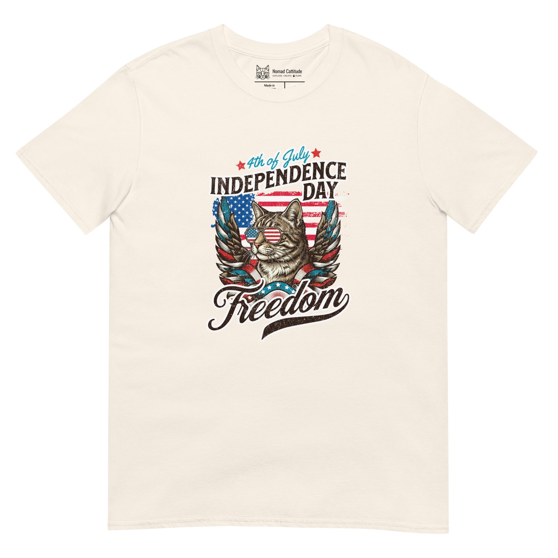 Cat themed graphic tee with July 4th freedom print