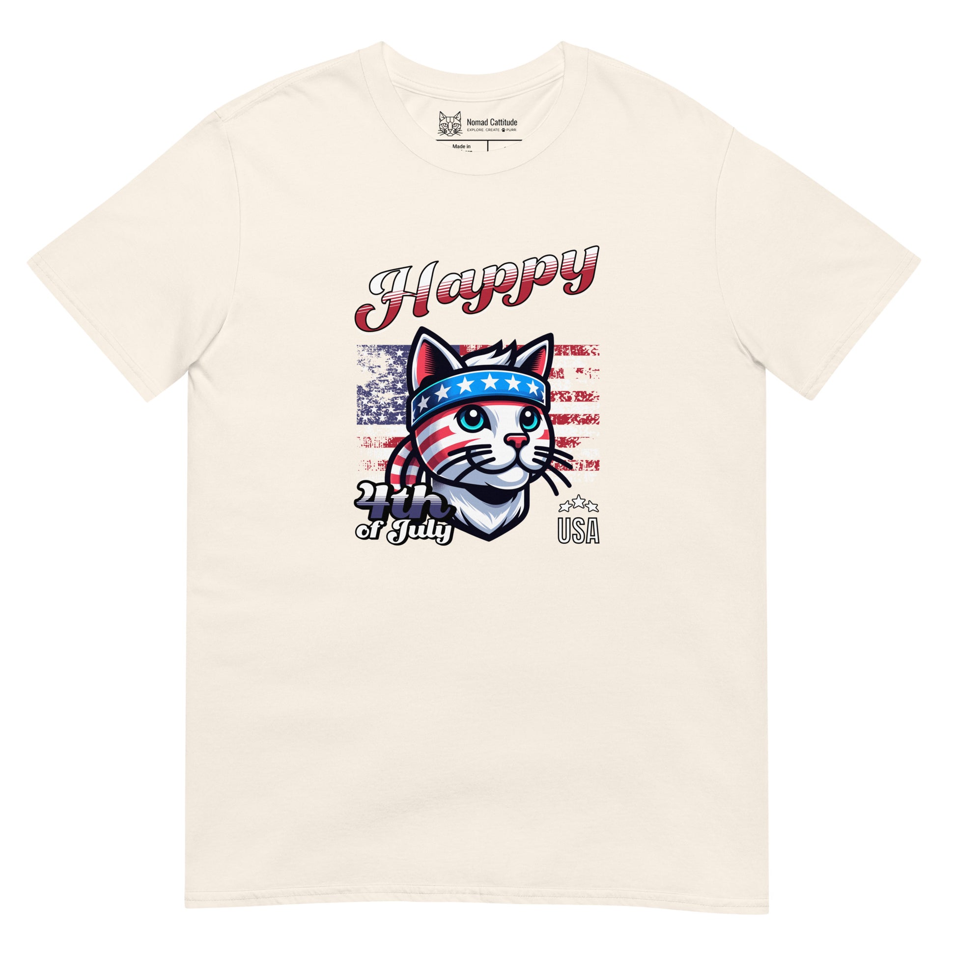 Cat themed graphic tee with USA anniversary Independence Day print
