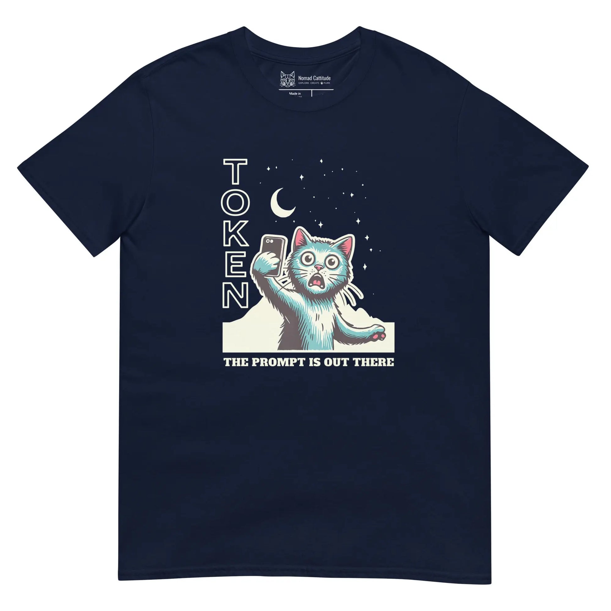 Cat themed graphic tee with AI prompt token print