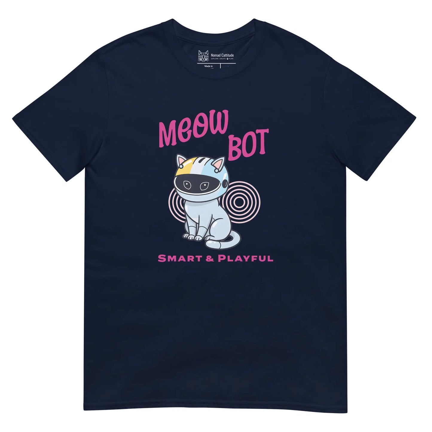 Cat themed graphic tee with meow bot print