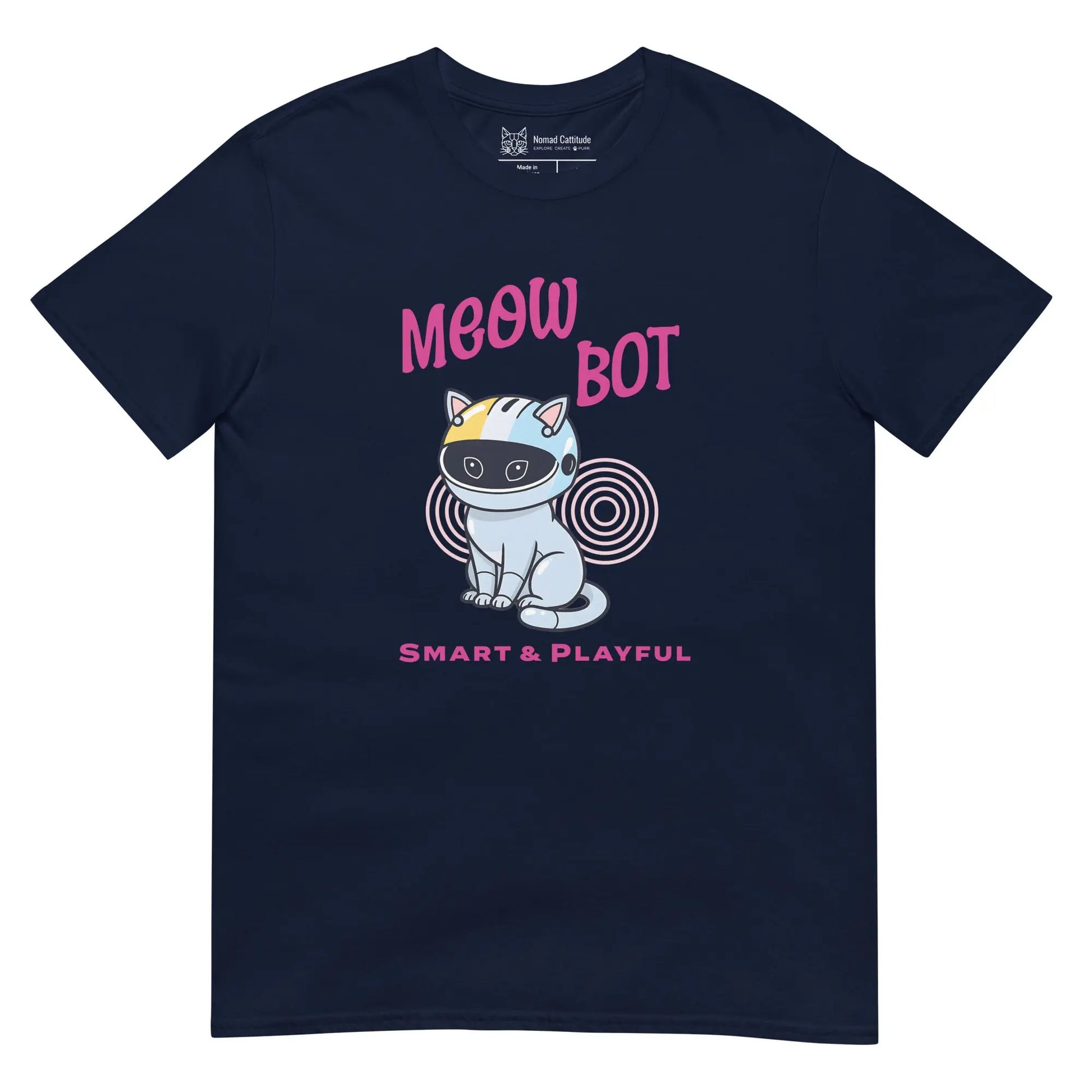 Cat themed graphic tee with meow bot print
