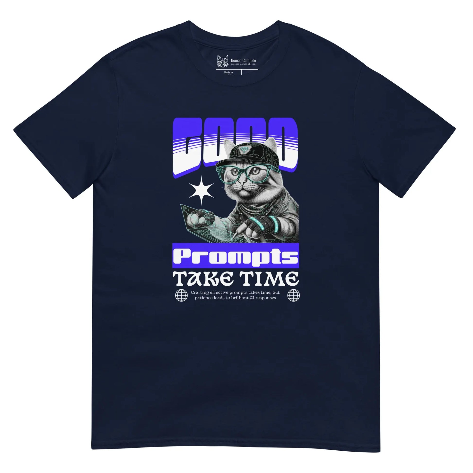 Cat themed graphic tee with AI prompts print