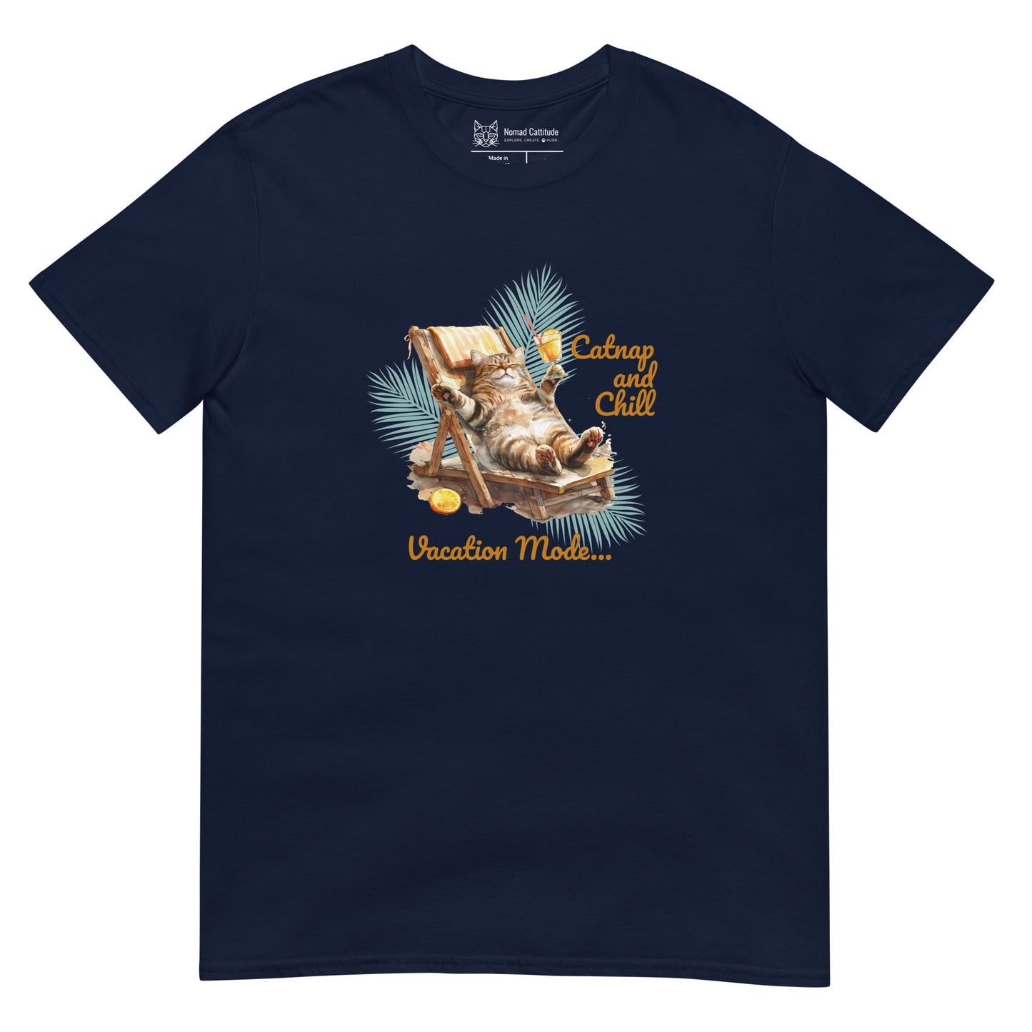 Cat themed graphic tee with vacation print