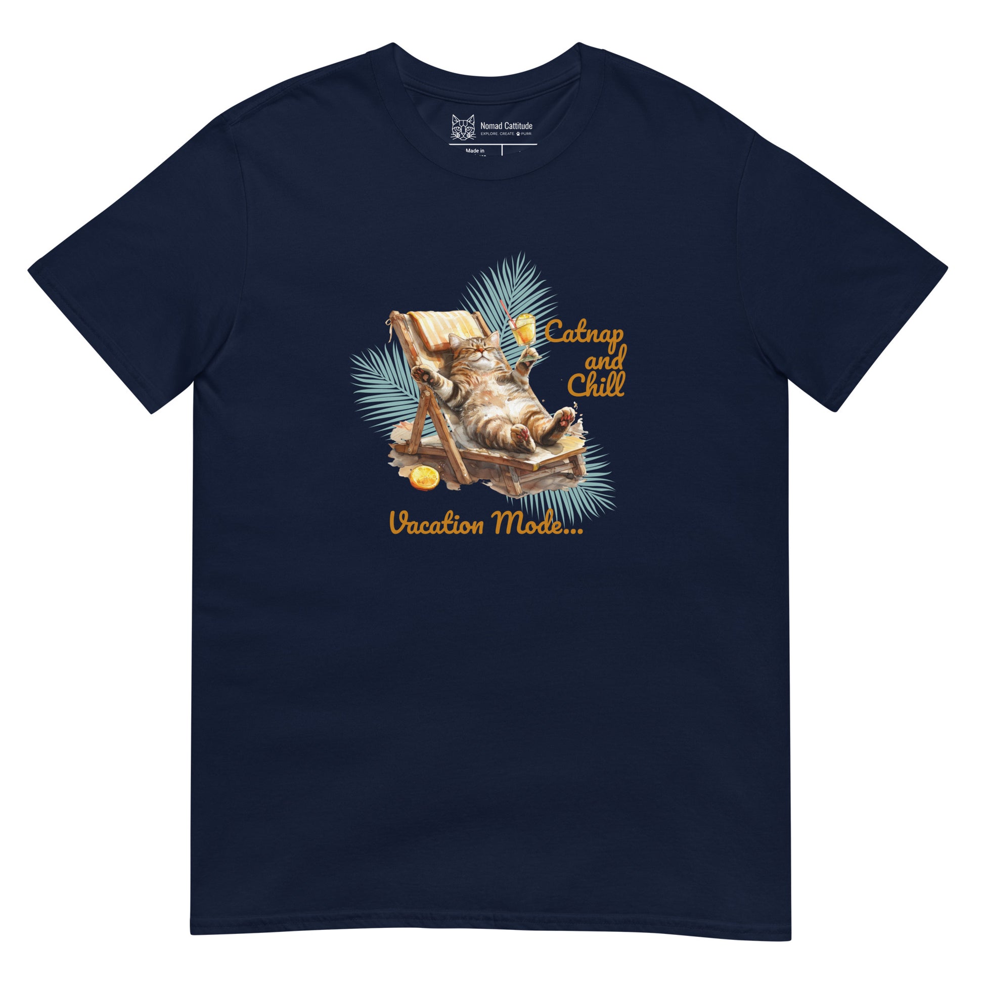 Cat themed graphic tee with vacation print