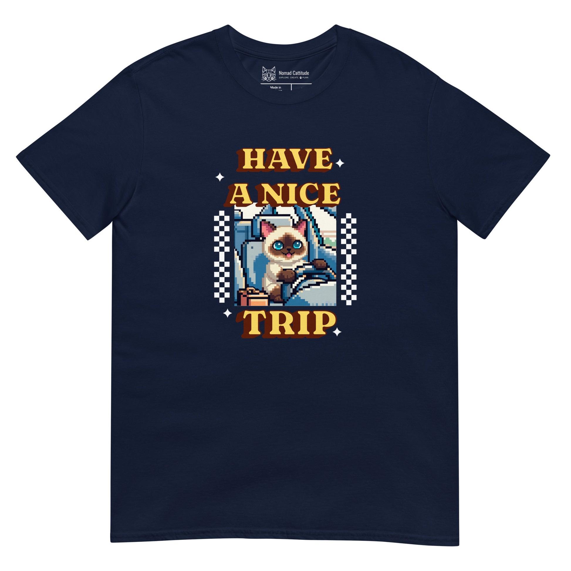 Cat themed graphic tee with vacation print