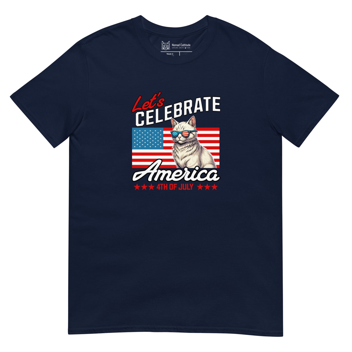 Cat themed graphic tee with USA 250th anniversary Independence Day print