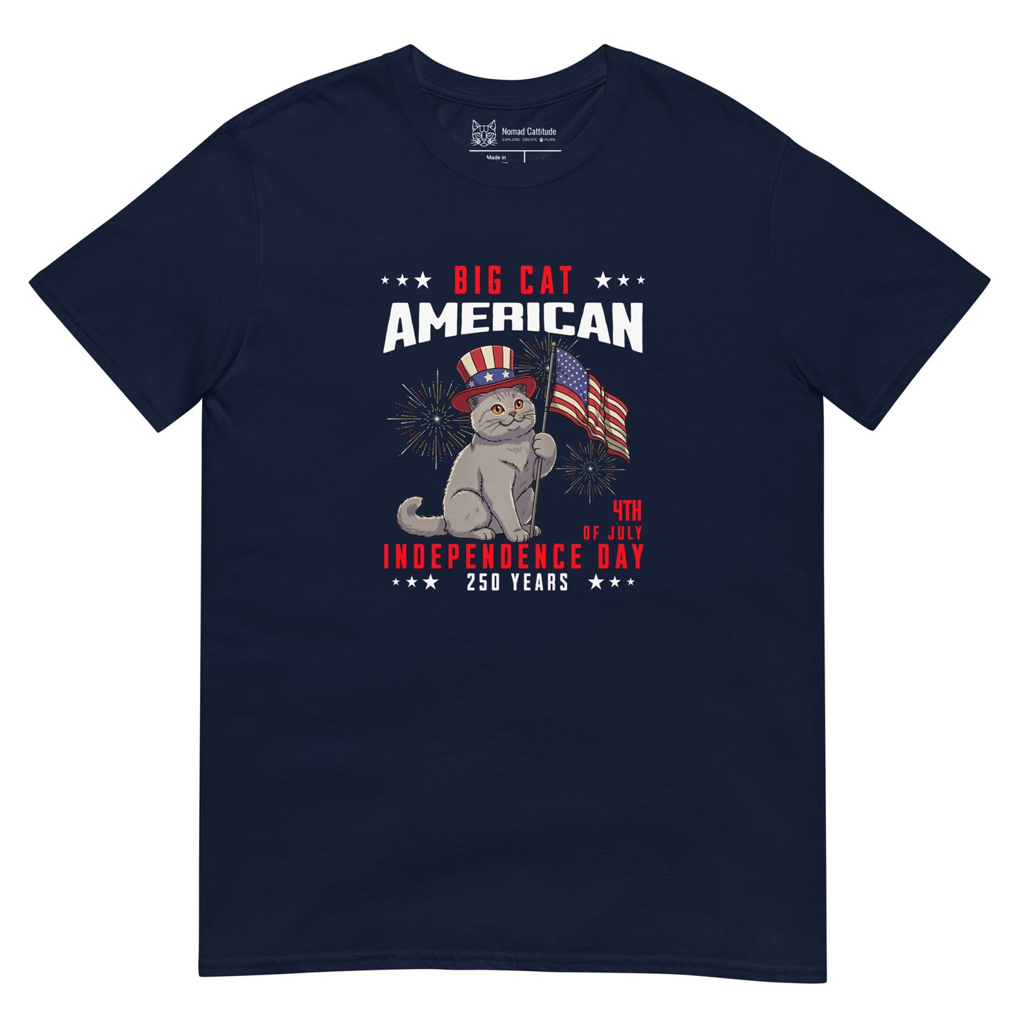 Cat themed graphic tee with USA 250th anniversary Independence Day print