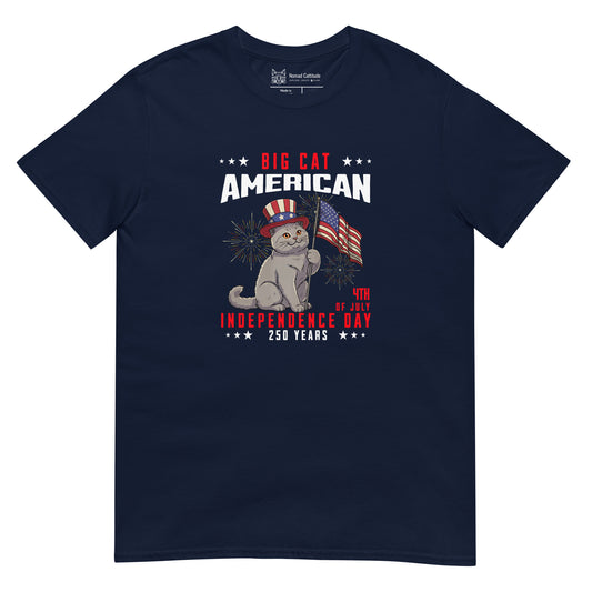 Cat themed graphic tee with USA 250th anniversary Independence Day print