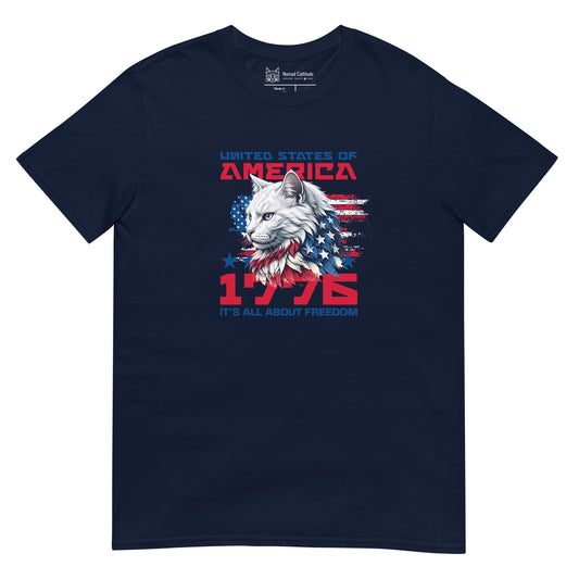 Cat themed graphic tee with 1776 USA eagle patriotic print