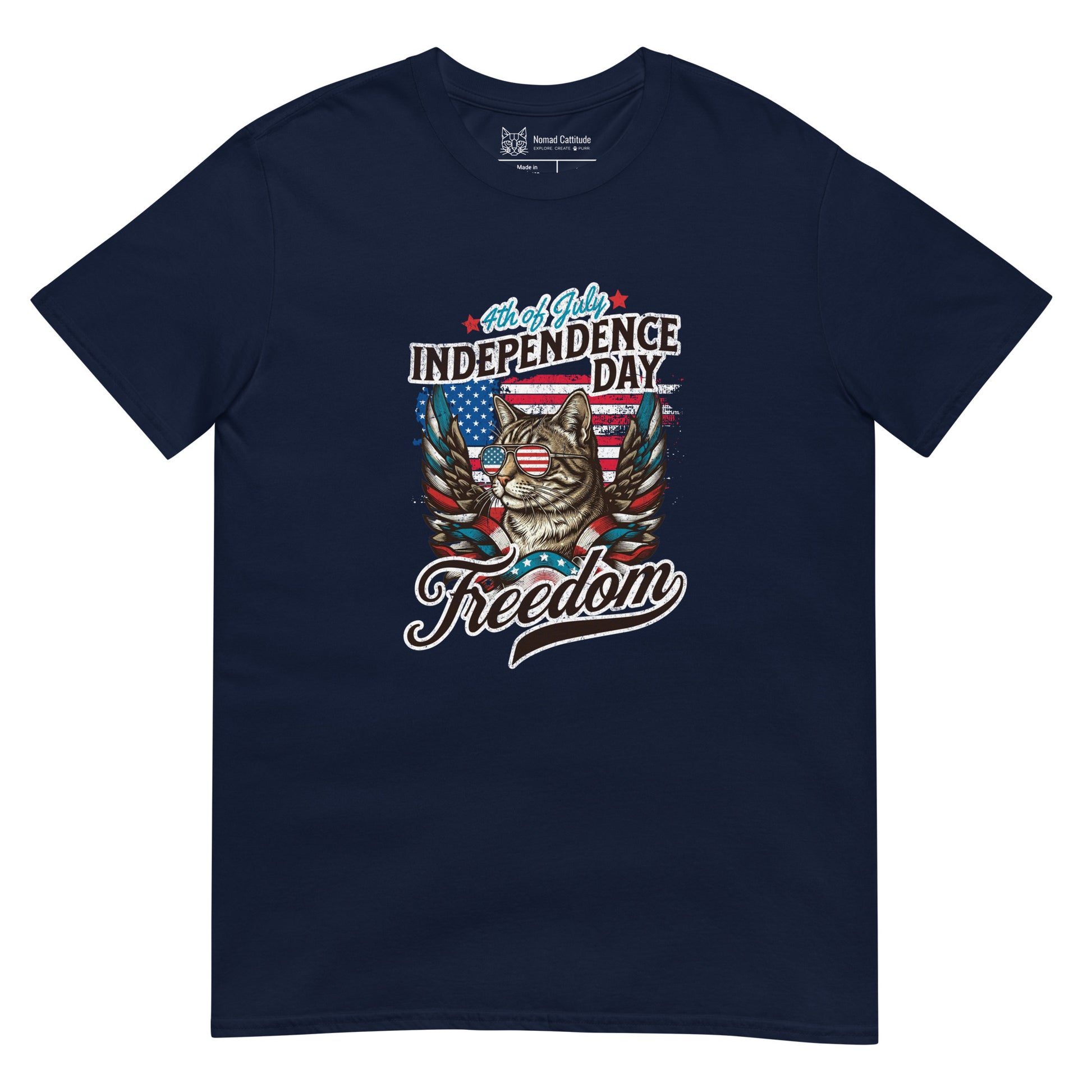 Cat themed graphic tee with July 4th freedom print