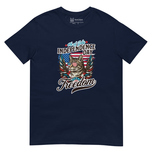Cat themed graphic tee with July 4th freedom print