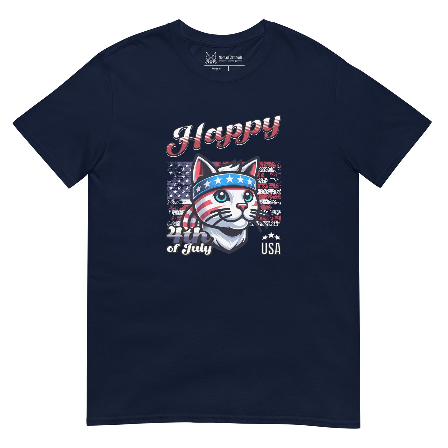 Cat themed graphic tee with USA anniversary Independence Day print